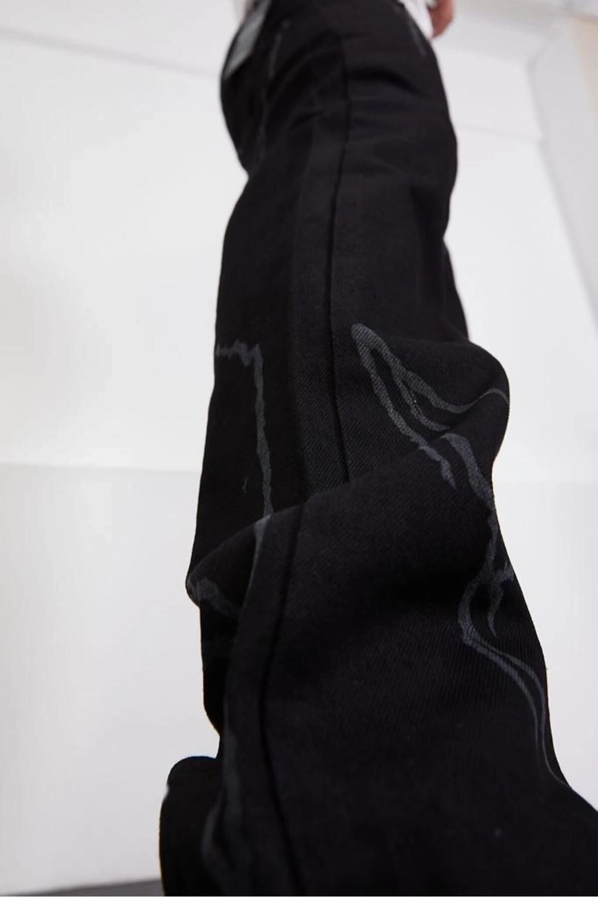 Siyah Şimşek-yıldırım Desenli Baggy Kot Pantolon Oversize Jeans Lazer Baskılı Phantom Jeans