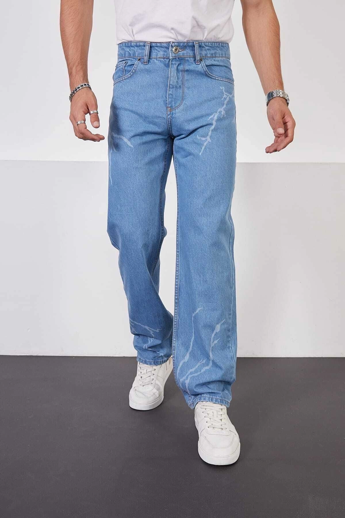 Buz Mavi Baggy Pantolon Şimşek-yıldırım Desenli Lazer Baskı Oversize Baggy Kot Pantolon Normal Bel