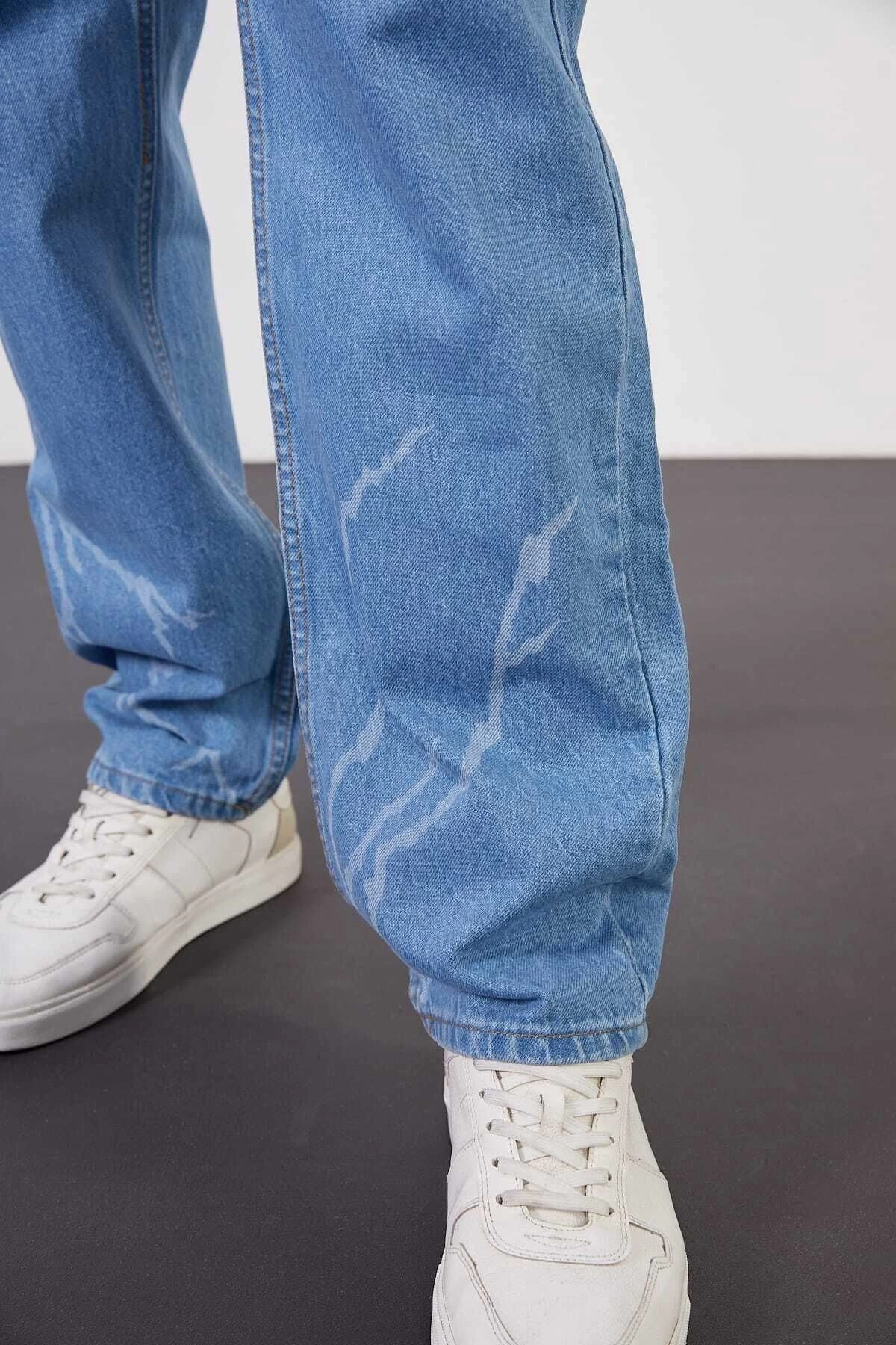 Buz Mavi Baggy Pantolon Şimşek-yıldırım Desenli Lazer Baskı Oversize Baggy Kot Pantolon Normal Bel