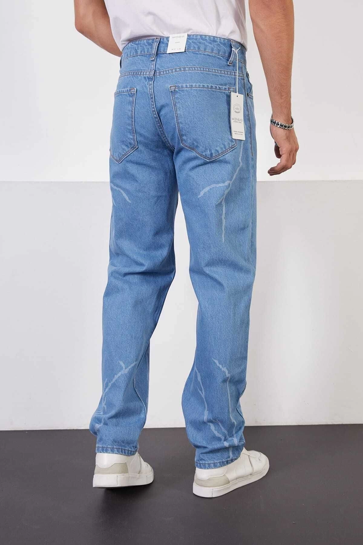 Buz Mavi Baggy Pantolon Şimşek-yıldırım Desenli Lazer Baskı Oversize Baggy Kot Pantolon Normal Bel