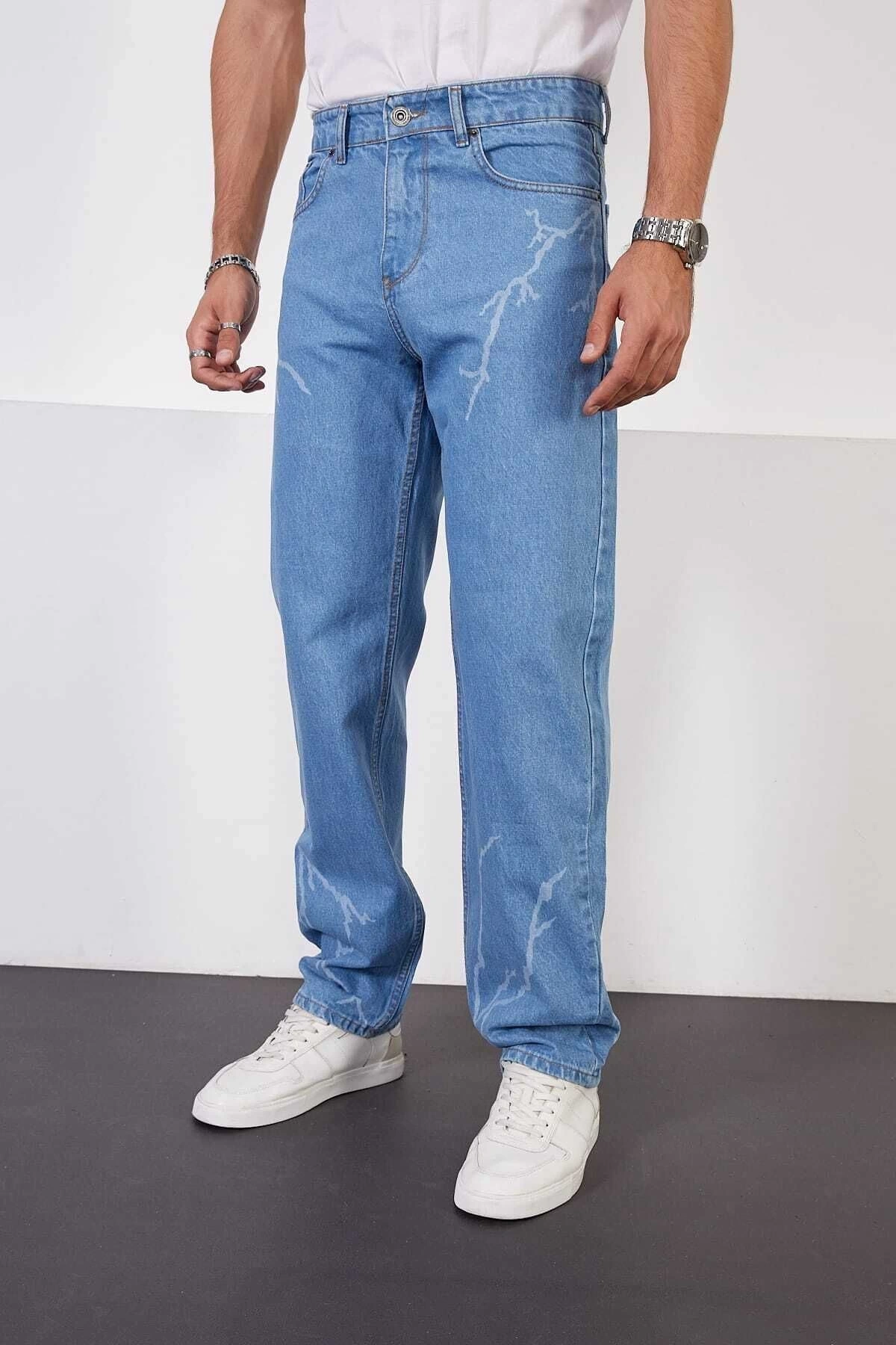 Buz Mavi Baggy Pantolon Şimşek-yıldırım Desenli Lazer Baskı Oversize Baggy Kot Pantolon Normal Bel