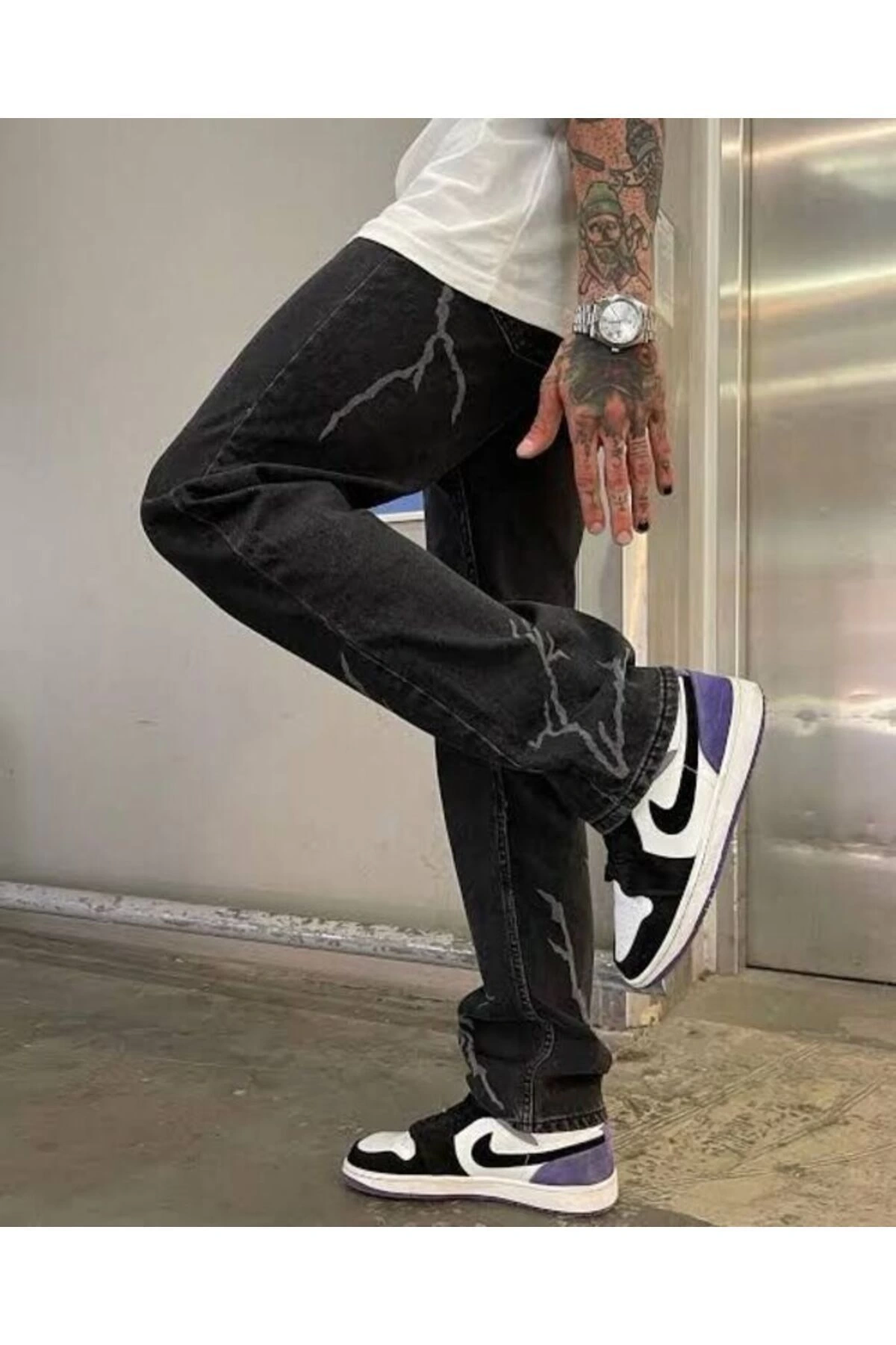 Baggy Şimşek/Yıldırım Desenli Jeans Kot Pantolon Koyu Gri Oversize Salaş Sokak Stili Denim