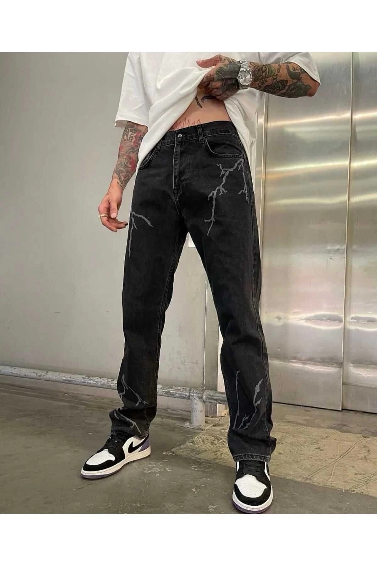 Baggy Şimşek/Yıldırım Desenli Jeans Kot Pantolon Koyu Gri Oversize Salaş Sokak Stili Denim