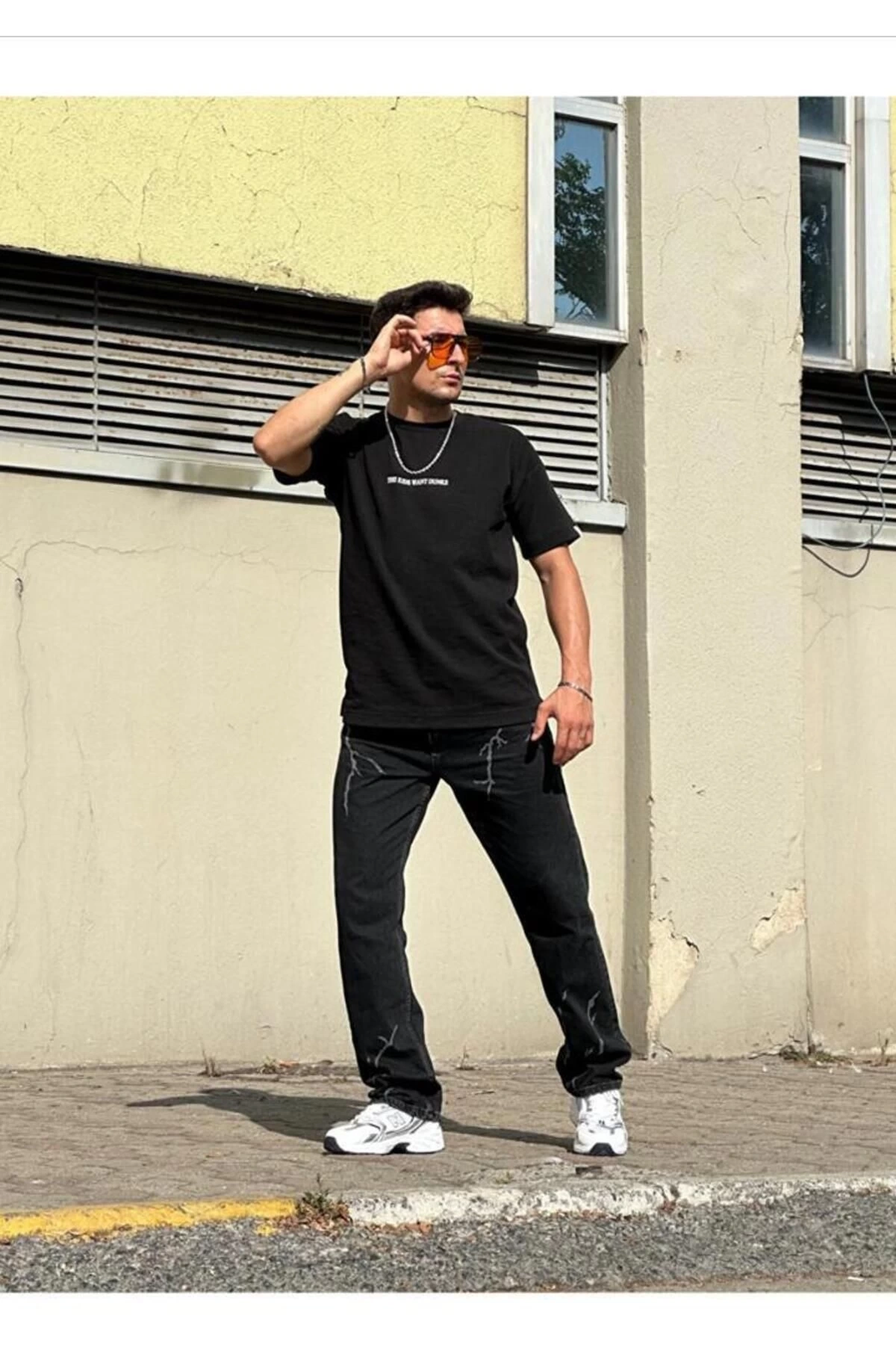 Baggy Şimşek/Yıldırım Desenli Jeans Kot Pantolon Koyu Gri Oversize Salaş Sokak Stili Denim