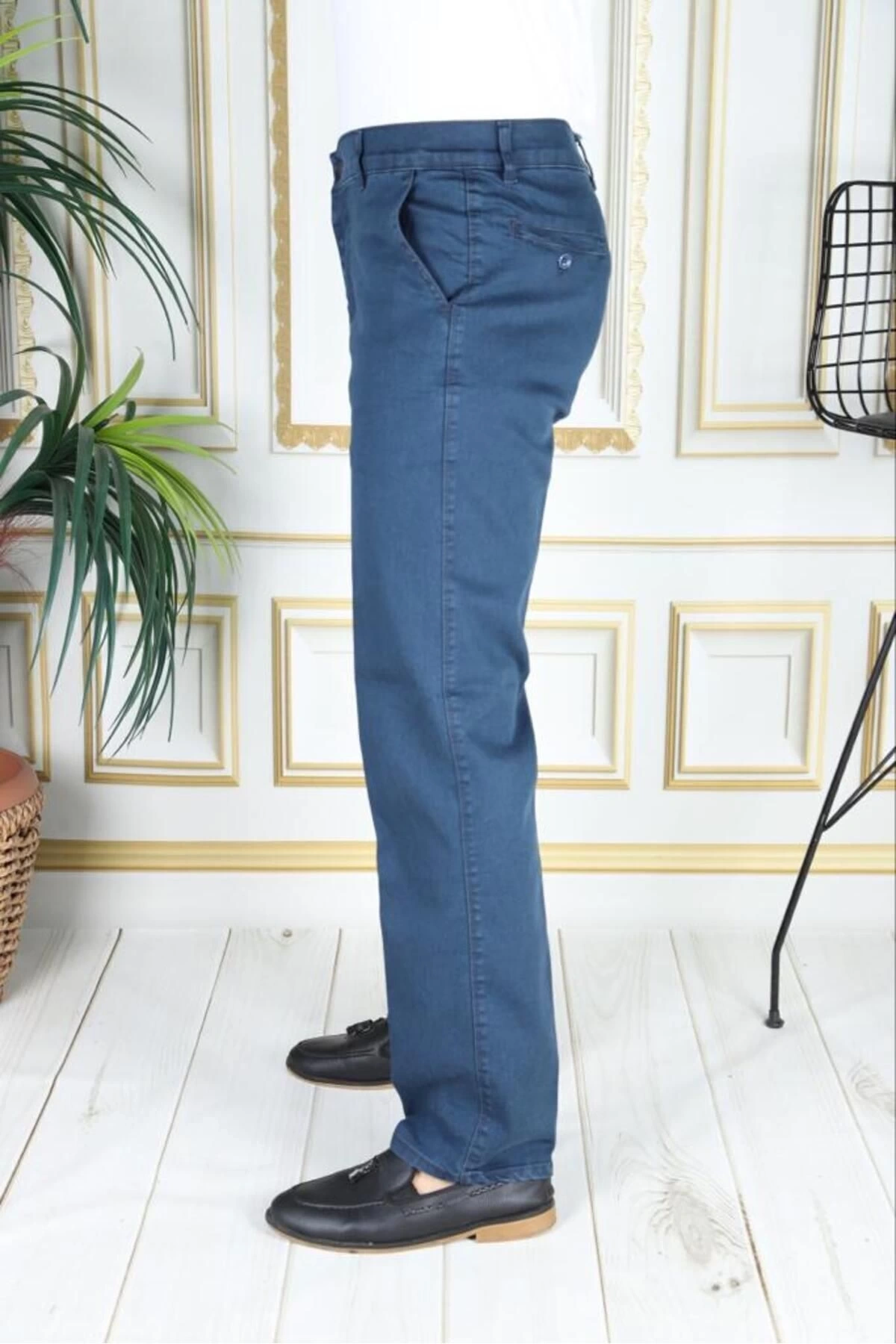 Klasik Kesim Petrol Likralı Erkek Yan Cepli Klasik Kot Pantolon Baba Pantolonu Phantom Jeans