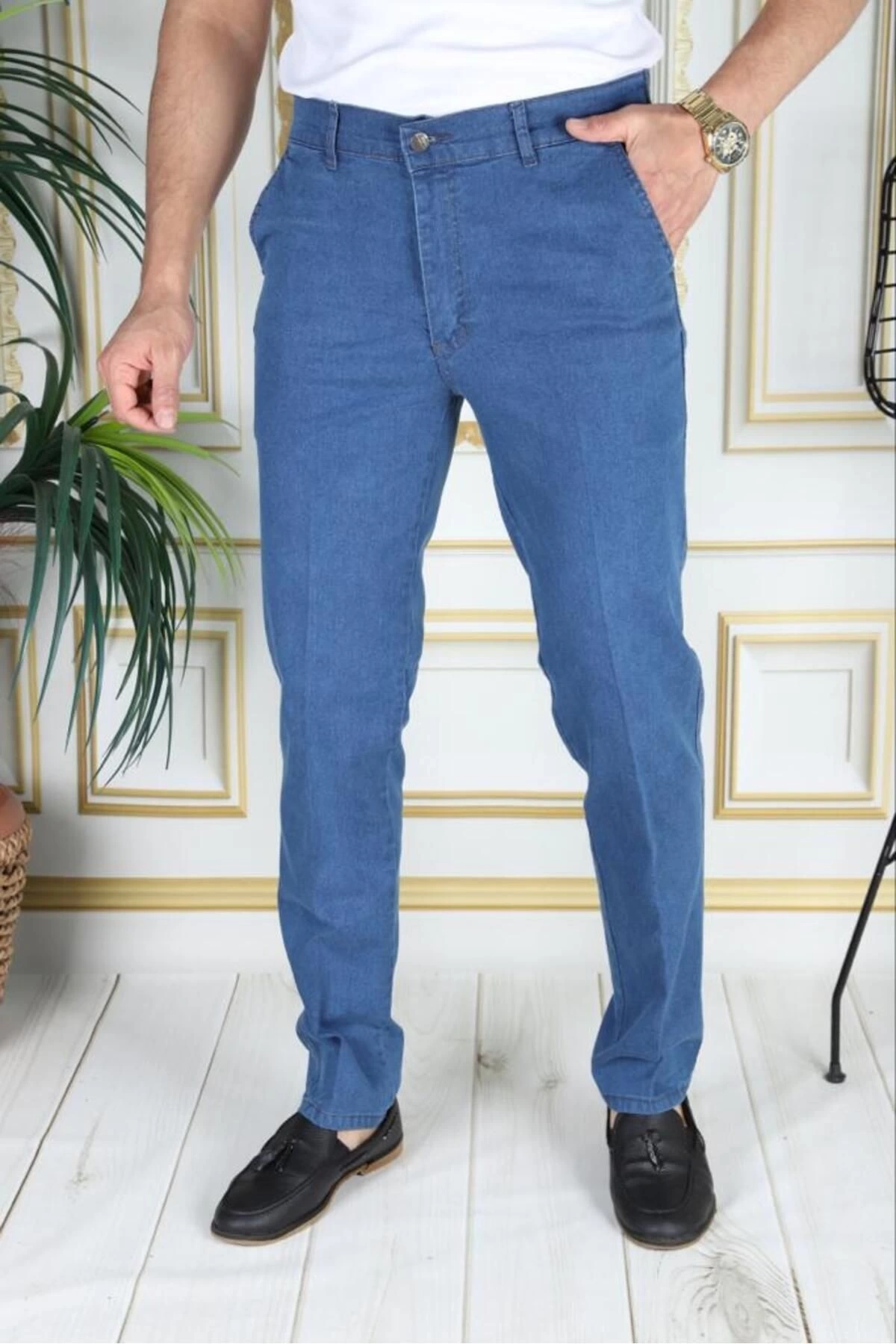 Klasik Kesim Açık Mavi Likralı Erkek Yan Cepli Klasik Kot Pantolon Baba Pantolonu Phantom Jeans