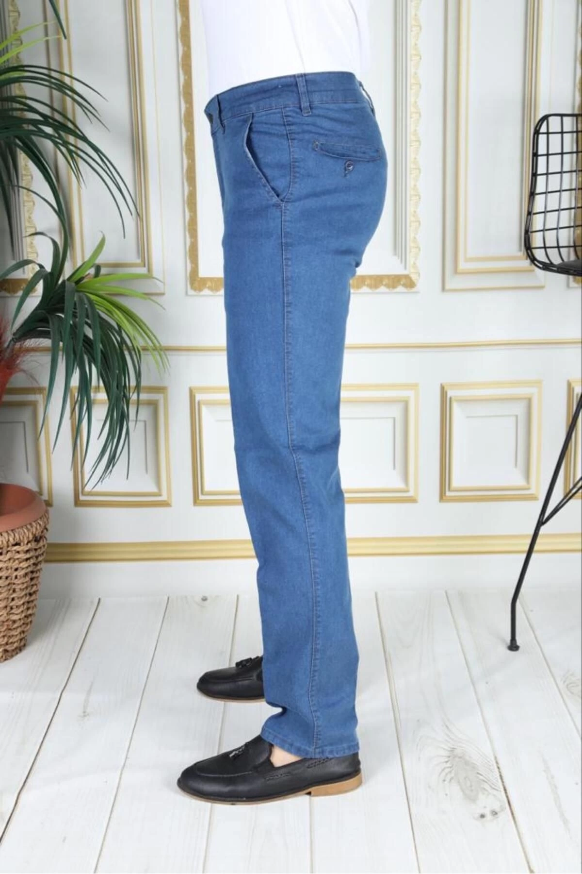 Klasik Kesim Açık Mavi Likralı Erkek Yan Cepli Klasik Kot Pantolon Baba Pantolonu Phantom Jeans