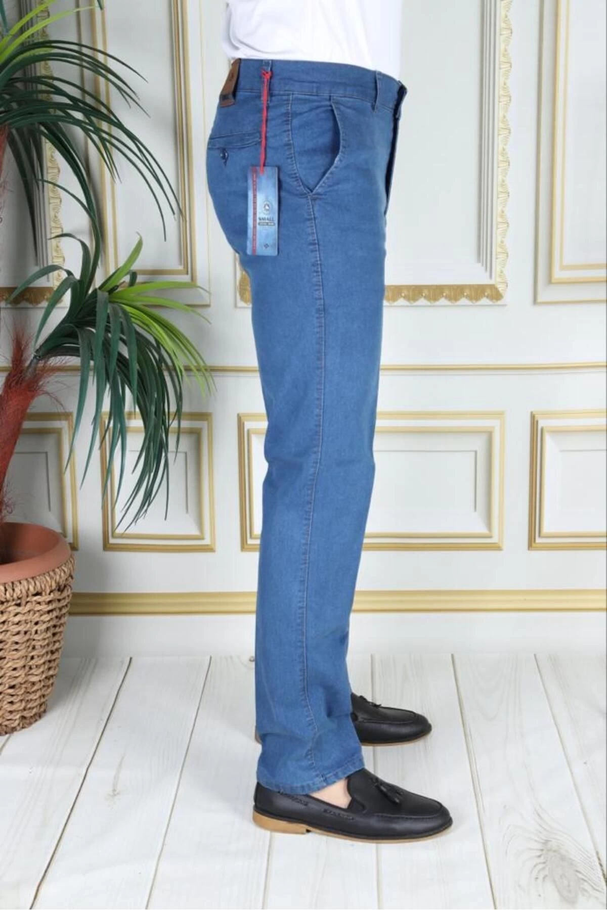 Klasik Kesim Açık Mavi Likralı Erkek Yan Cepli Klasik Kot Pantolon Baba Pantolonu Phantom Jeans