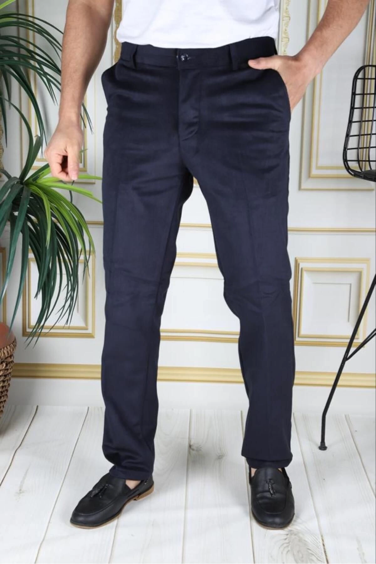 Lacivert Polarlı Kadife Pantolon Esnek Kalın Fitil Klasik Rahat Kesim Yan Cepli Phantom Jeans