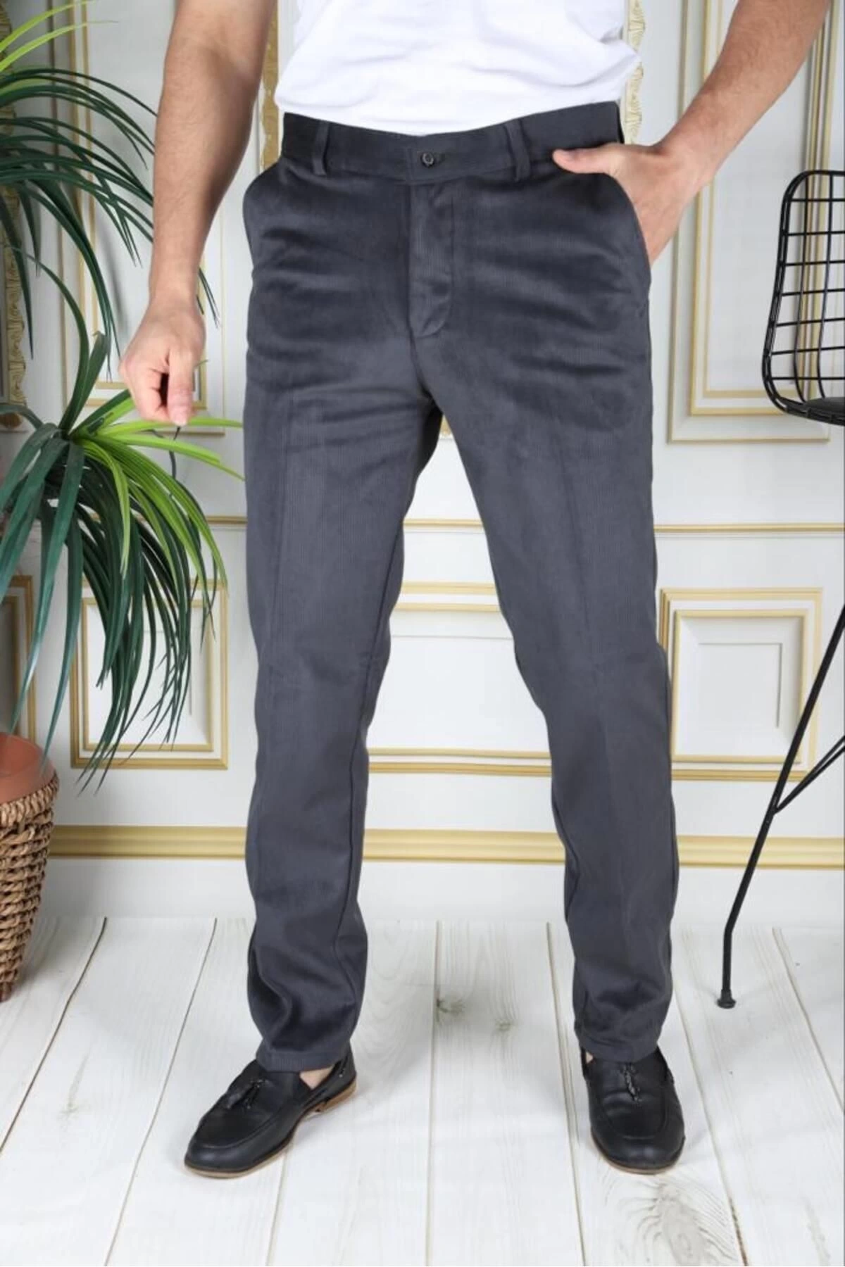 Füme Polarlı Kadife Pantolon Esnek Kalın Fitil Klasik Kesim Yan Cepli Astarlı Phantom Jeans