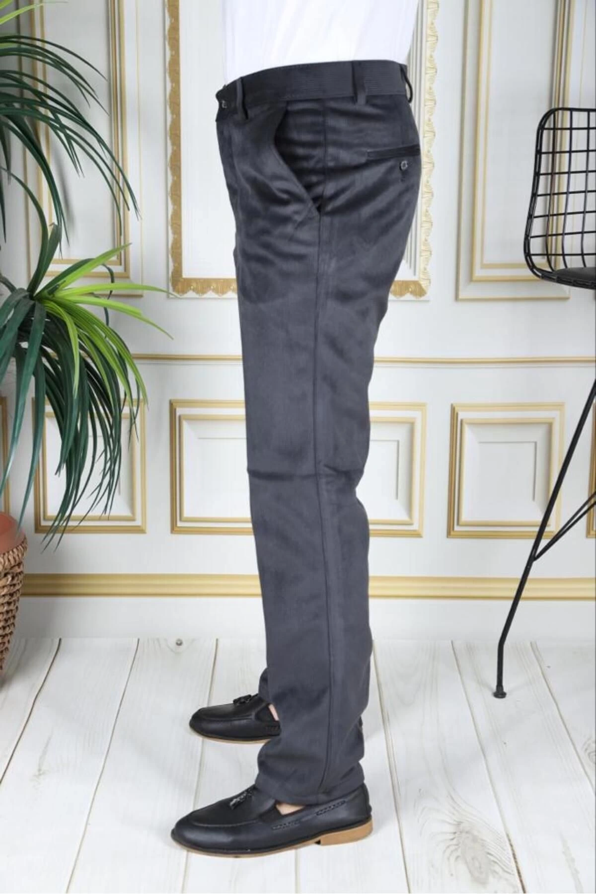 Füme Polarlı Kadife Pantolon Esnek Kalın Fitil Klasik Kesim Yan Cepli Astarlı Phantom Jeans