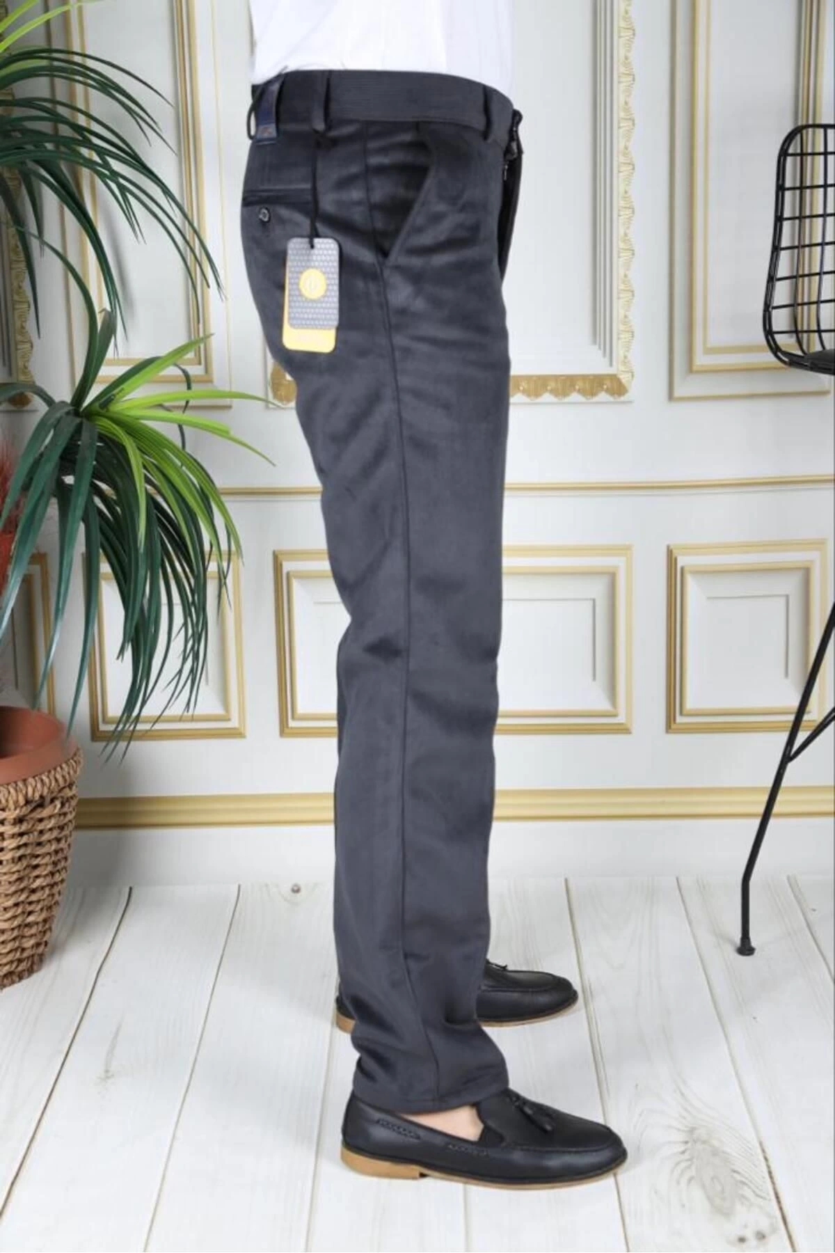 Füme Polarlı Kadife Pantolon Esnek Kalın Fitil Klasik Kesim Yan Cepli Astarlı Phantom Jeans