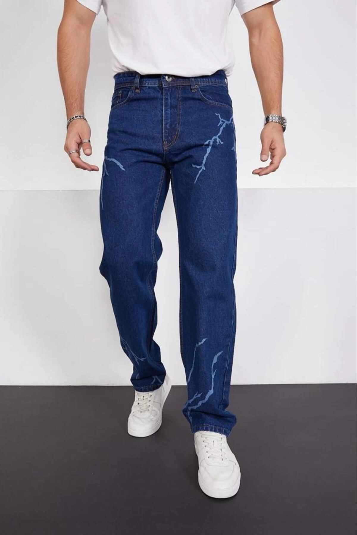 Koyu Mavi Şimşek-yıldırım Desenli Baggy Kot Pantolon Oversize Jeans Lazer Baskılı Phantom Jeans