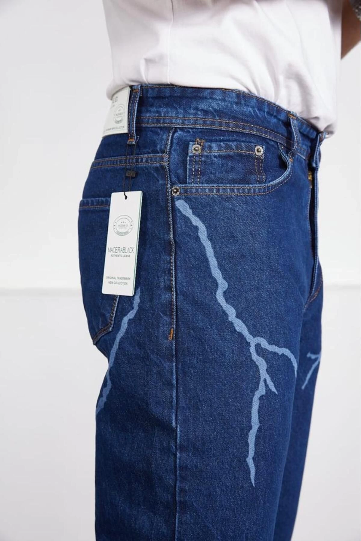 Koyu Mavi Şimşek-yıldırım Desenli Baggy Kot Pantolon Oversize Jeans Lazer Baskılı Phantom Jeans