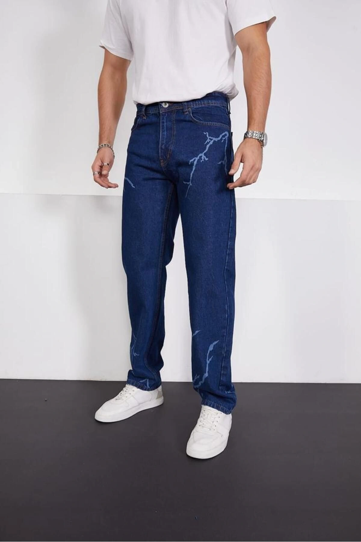 Koyu Mavi Şimşek-yıldırım Desenli Baggy Kot Pantolon Oversize Jeans Lazer Baskılı Phantom Jeans