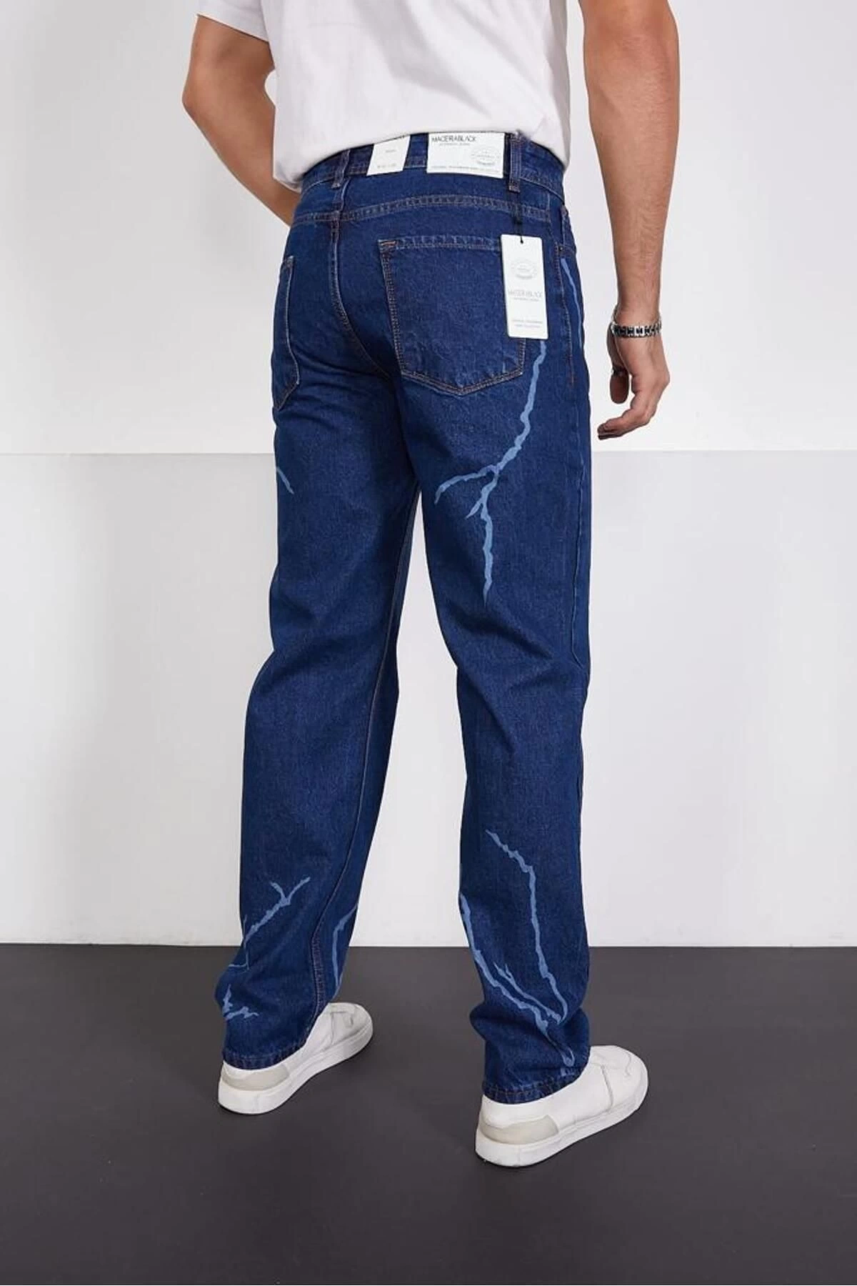 Koyu Mavi Şimşek-yıldırım Desenli Baggy Kot Pantolon Oversize Jeans Lazer Baskılı Phantom Jeans