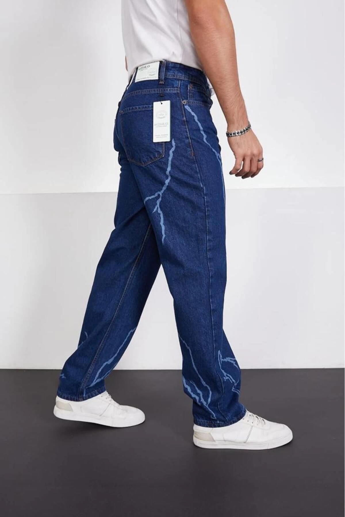 Koyu Mavi Şimşek-yıldırım Desenli Baggy Kot Pantolon Oversize Jeans Lazer Baskılı Phantom Jeans