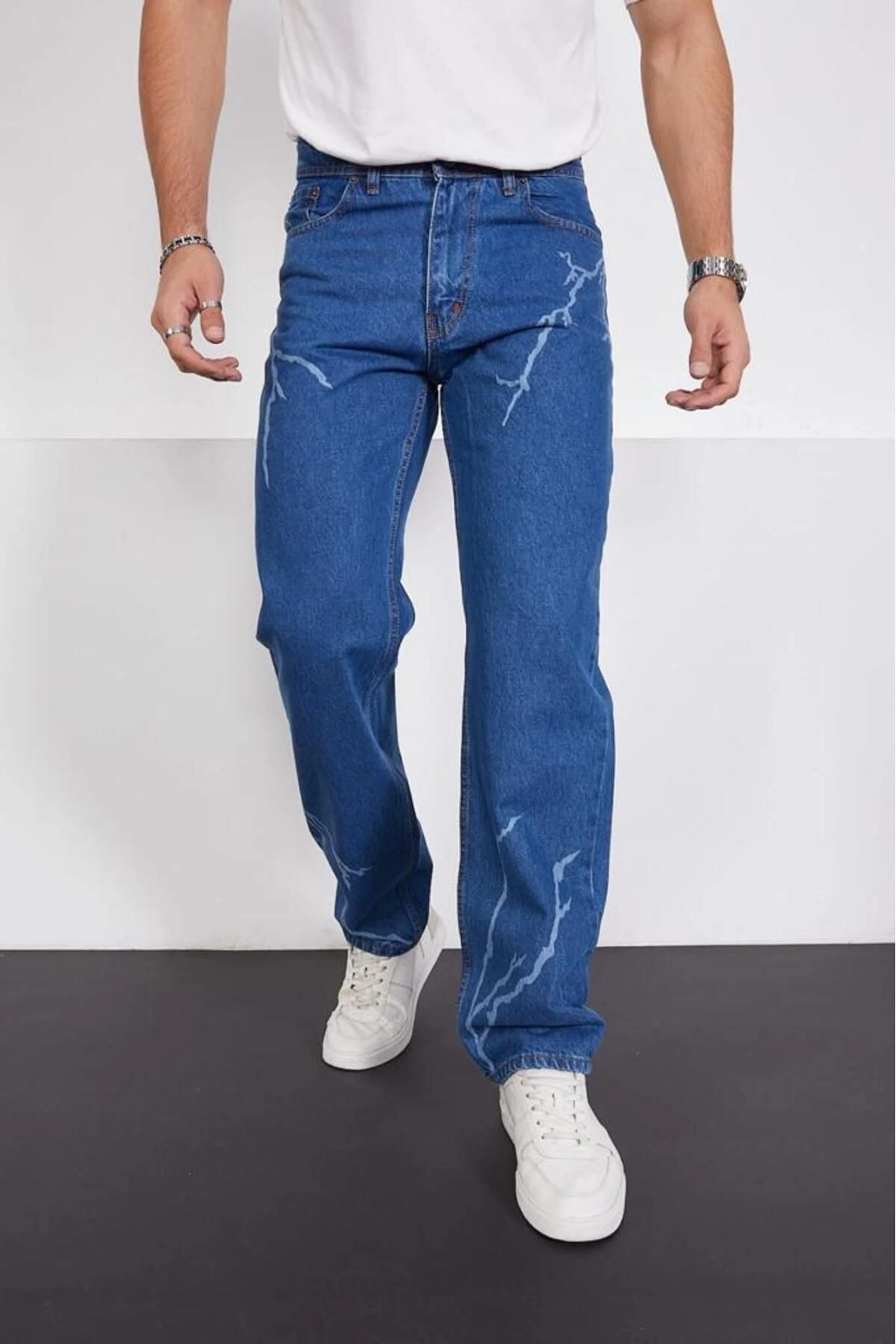 Şimşek-yıldırım Mavi Desenli Baggy Kot Pantolon Oversize Jeans Lazer Baskılı Phantom Jeans By Macera
