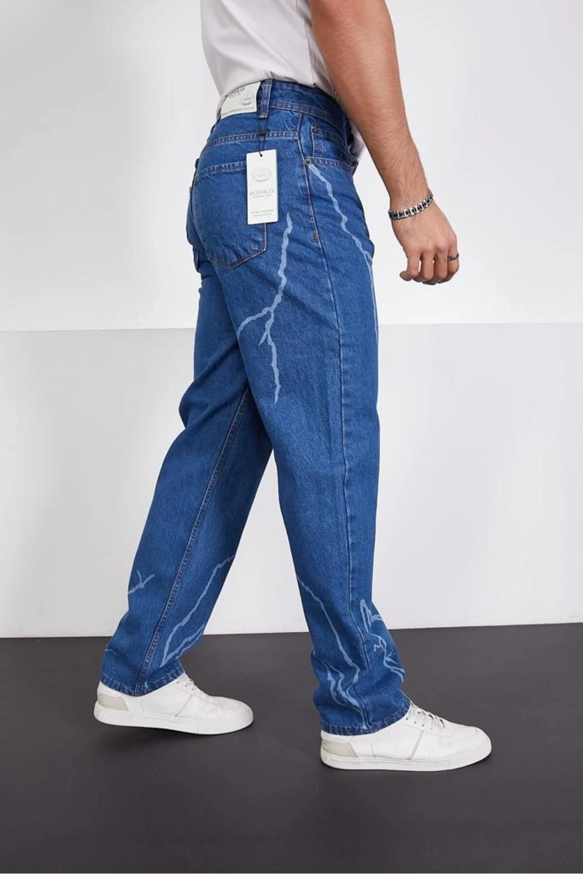 Şimşek-yıldırım Mavi Desenli Baggy Kot Pantolon Oversize Jeans Lazer Baskılı Phantom Jeans By Macera