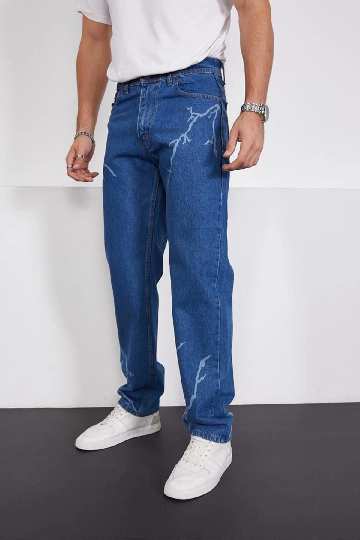Şimşek-yıldırım Mavi Desenli Baggy Kot Pantolon Oversize Jeans Lazer Baskılı Phantom Jeans By Macera