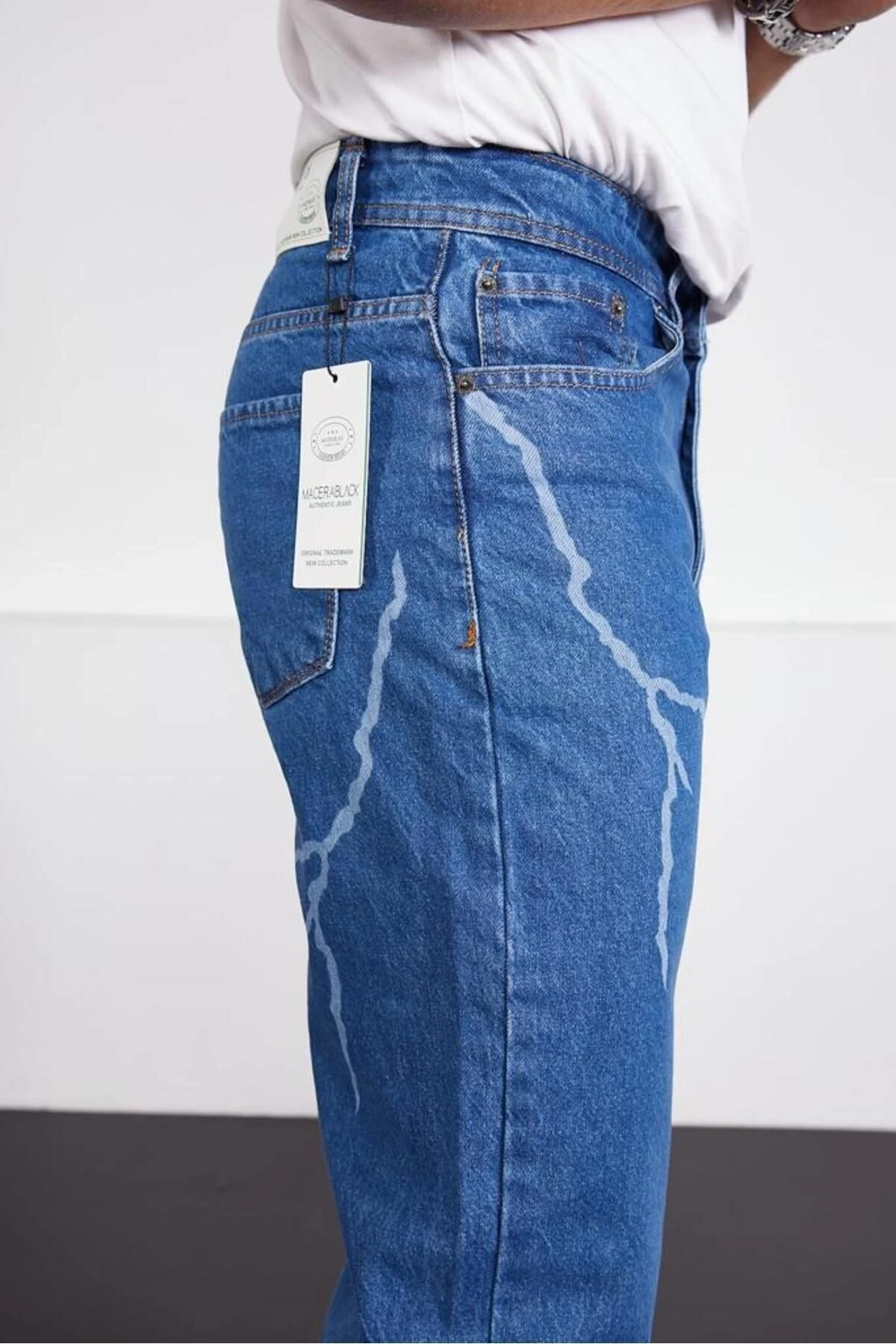 Şimşek-yıldırım Mavi Desenli Baggy Kot Pantolon Oversize Jeans Lazer Baskılı Phantom Jeans By Macera