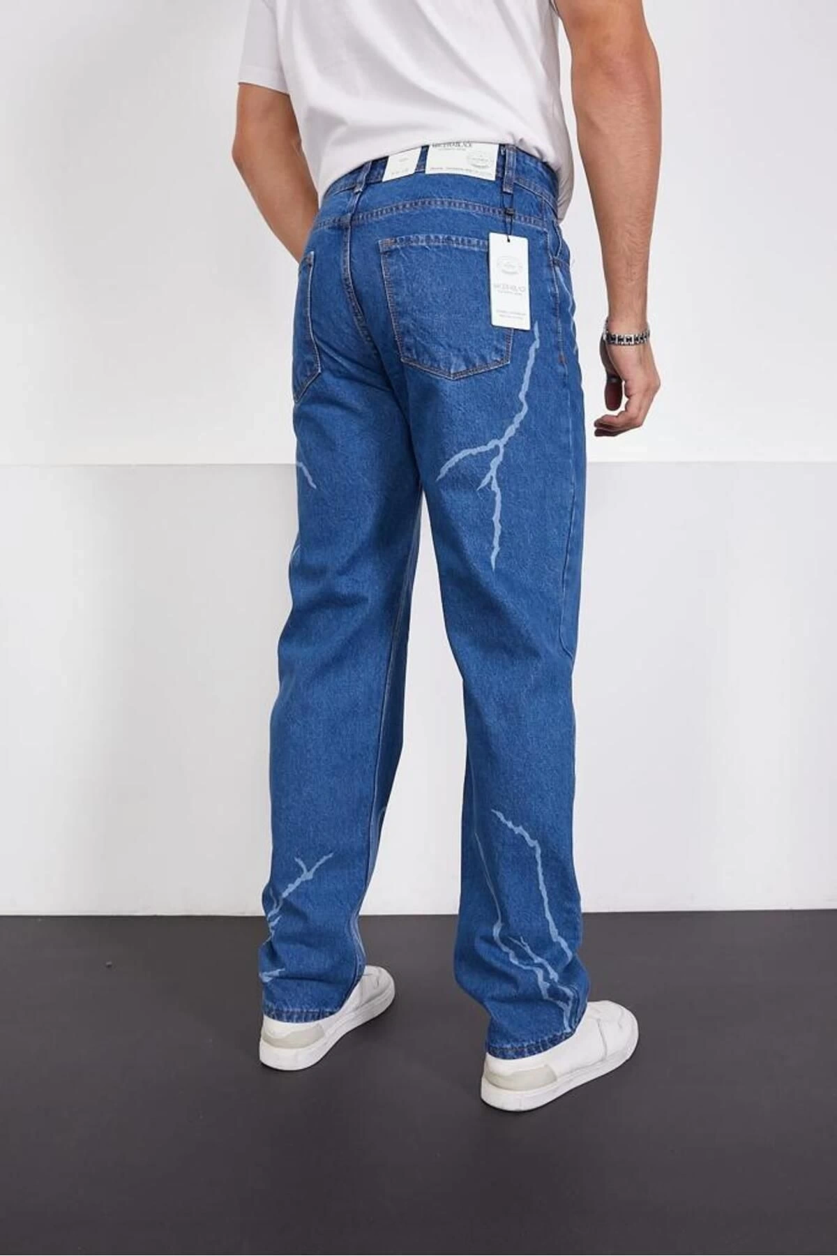 Şimşek-yıldırım Mavi Desenli Baggy Kot Pantolon Oversize Jeans Lazer Baskılı Phantom Jeans By Macera