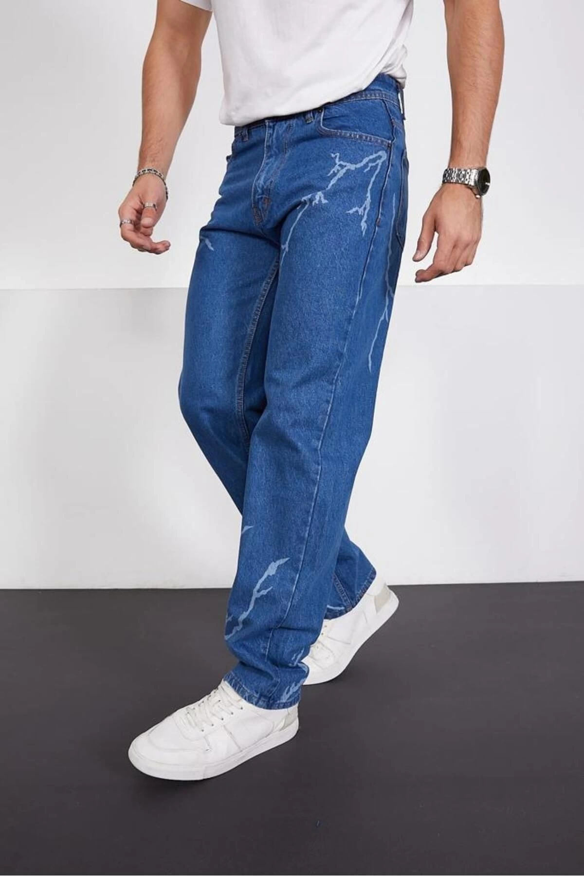 Şimşek-yıldırım Mavi Desenli Baggy Kot Pantolon Oversize Jeans Lazer Baskılı Phantom Jeans By Macera