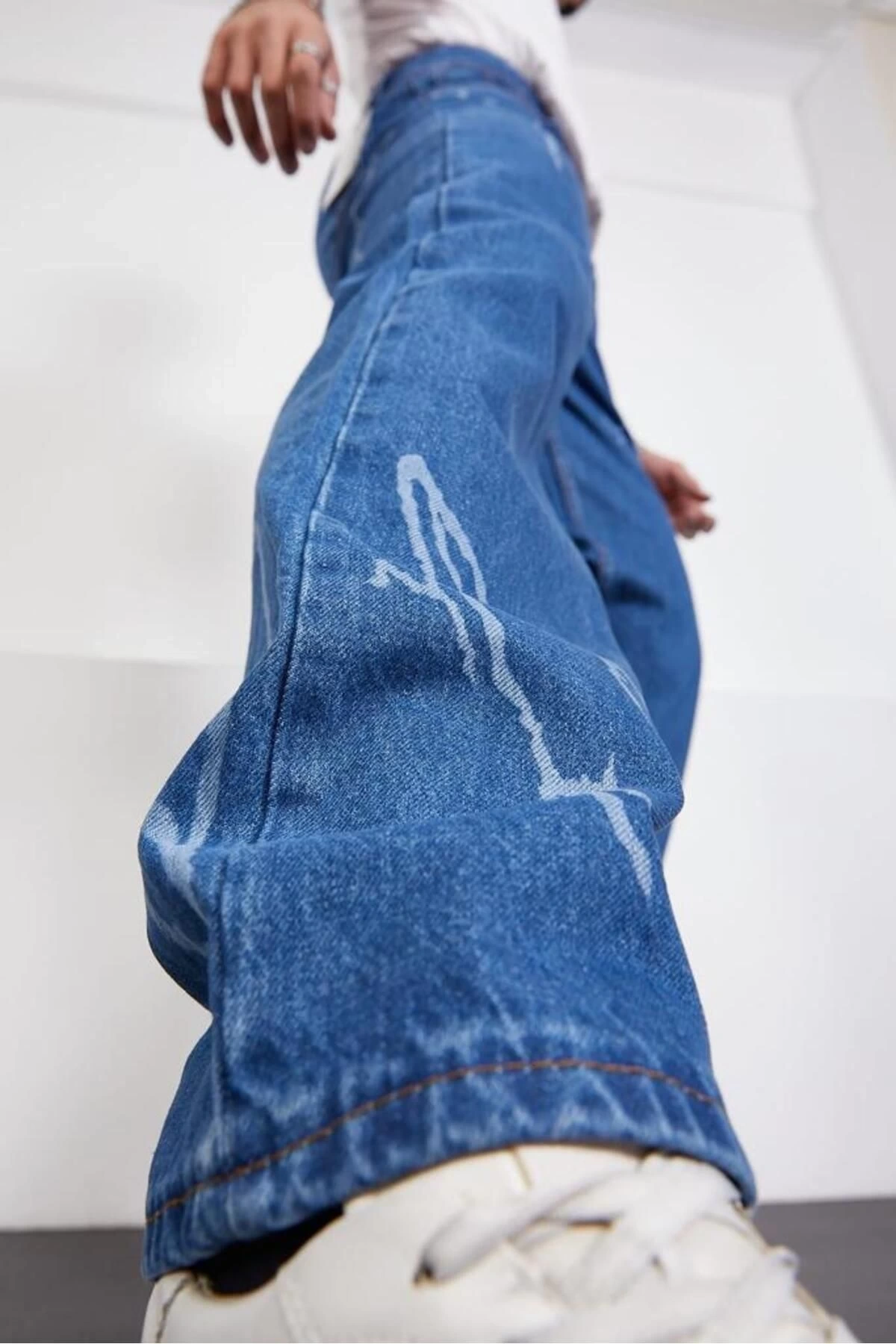 Şimşek-yıldırım Mavi Desenli Baggy Kot Pantolon Oversize Jeans Lazer Baskılı Phantom Jeans By Macera