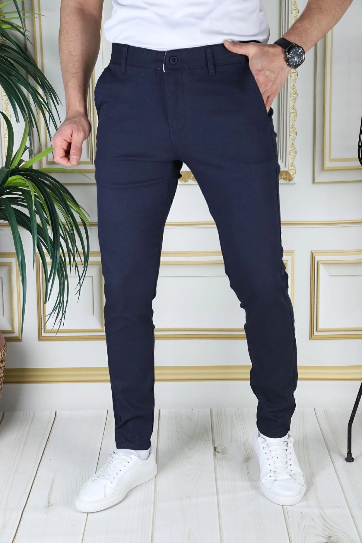 Erkek Lacivert Slim Fit Likralı Yan Cepli Armürlü Ekose Dar Kesim Esnek Şık Chino Kanvas Pantolon