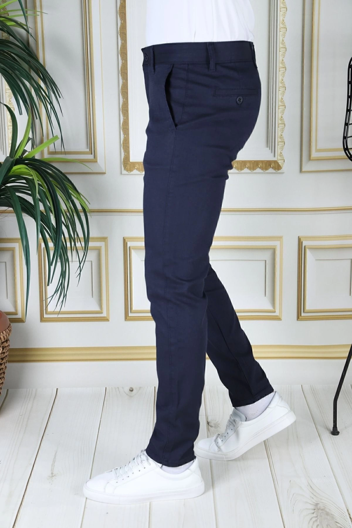 Erkek Lacivert Slim Fit Likralı Yan Cepli Armürlü Ekose Dar Kesim Esnek Şık Chino Kanvas Pantolon