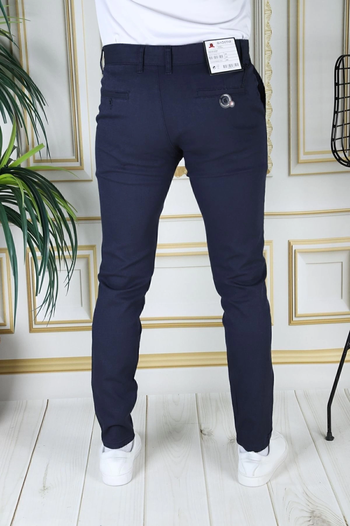 Erkek Lacivert Slim Fit Likralı Yan Cepli Armürlü Ekose Dar Kesim Esnek Şık Chino Kanvas Pantolon