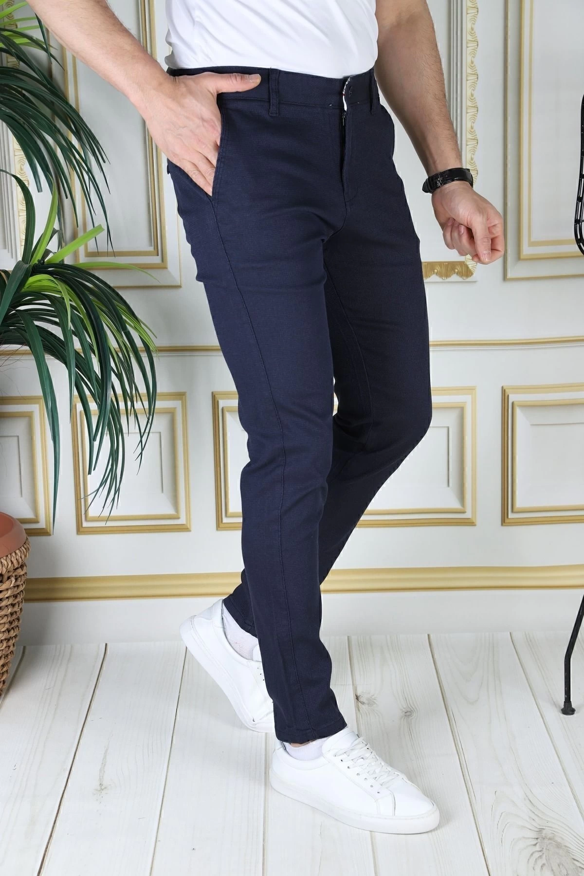 Erkek Lacivert Slim Fit Likralı Yan Cepli Armürlü Ekose Dar Kesim Esnek Şık Chino Kanvas Pantolon