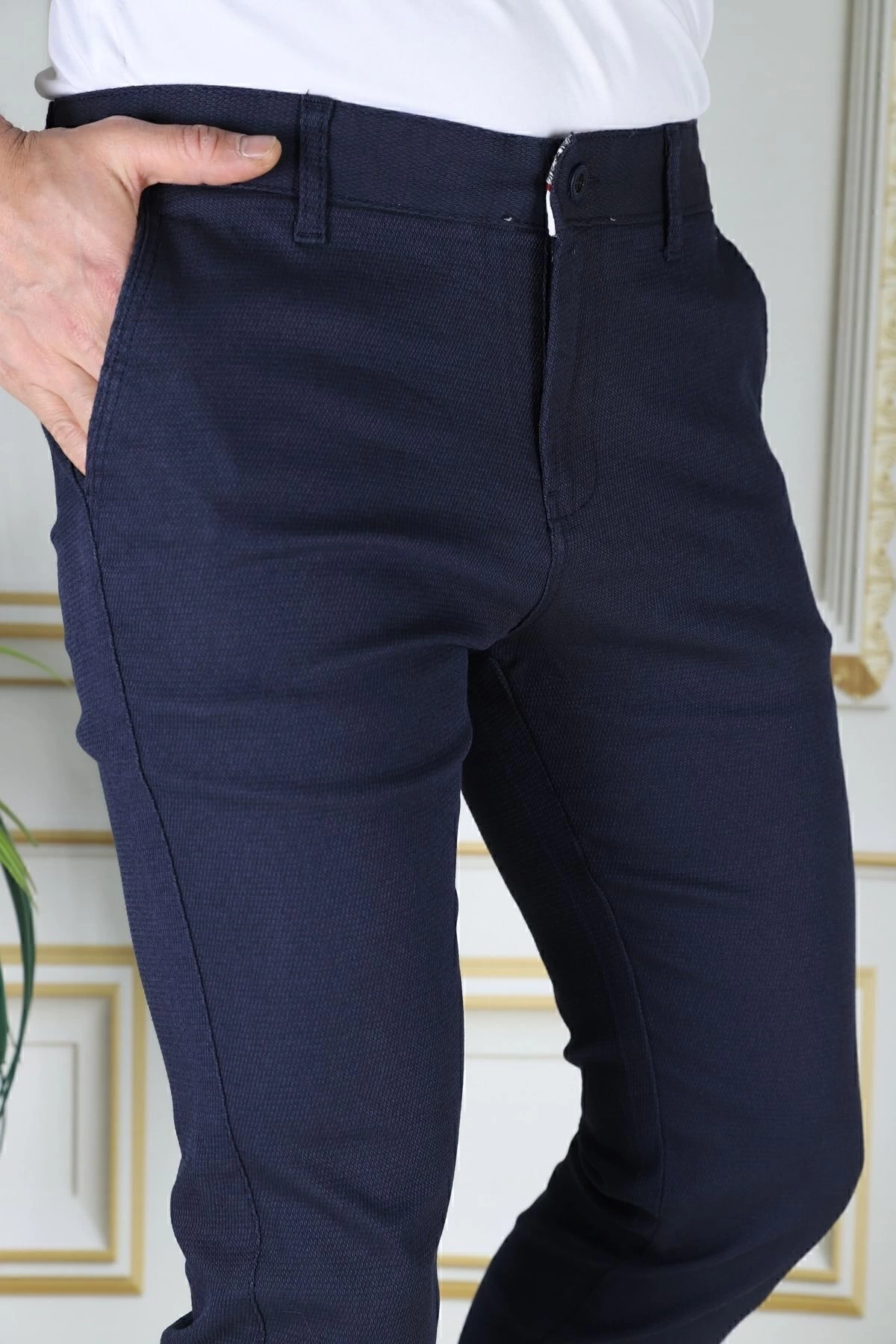 Erkek Lacivert Slim Fit Likralı Yan Cepli Armürlü Ekose Dar Kesim Esnek Şık Chino Kanvas Pantolon