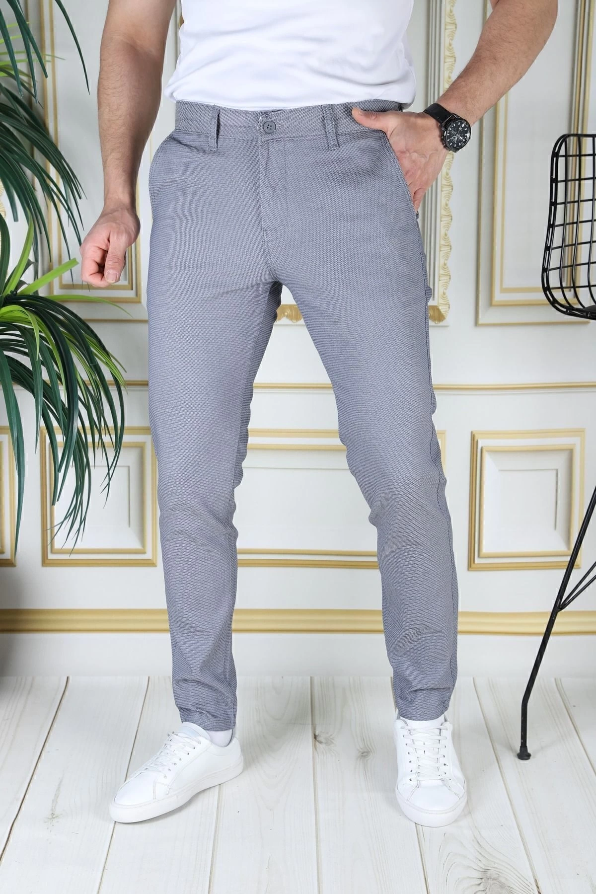 Erkek Mavi Slim Fit Likralı Yan Cepli Armürlü Ekose Dar Kesim Esnek Şık Chino Kanvas Pantolon