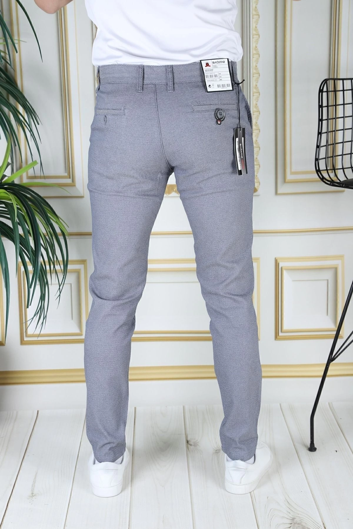 Erkek Mavi Slim Fit Likralı Yan Cepli Armürlü Ekose Dar Kesim Esnek Şık Chino Kanvas Pantolon