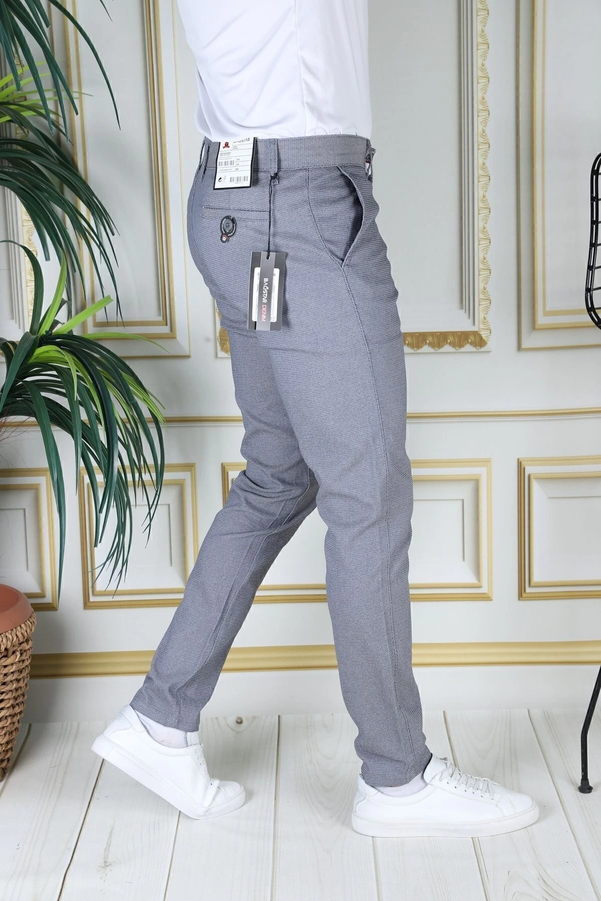 Erkek Mavi Slim Fit Likralı Yan Cepli Armürlü Ekose Dar Kesim Esnek Şık Chino Kanvas Pantolon