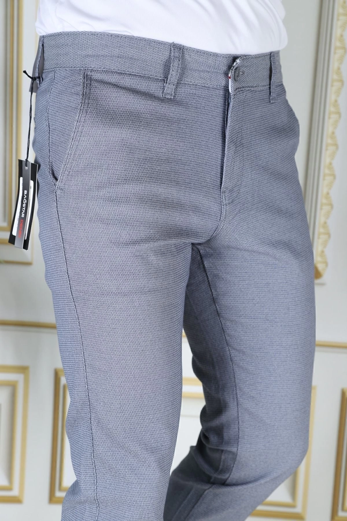 Erkek Mavi Slim Fit Likralı Yan Cepli Armürlü Ekose Dar Kesim Esnek Şık Chino Kanvas Pantolon