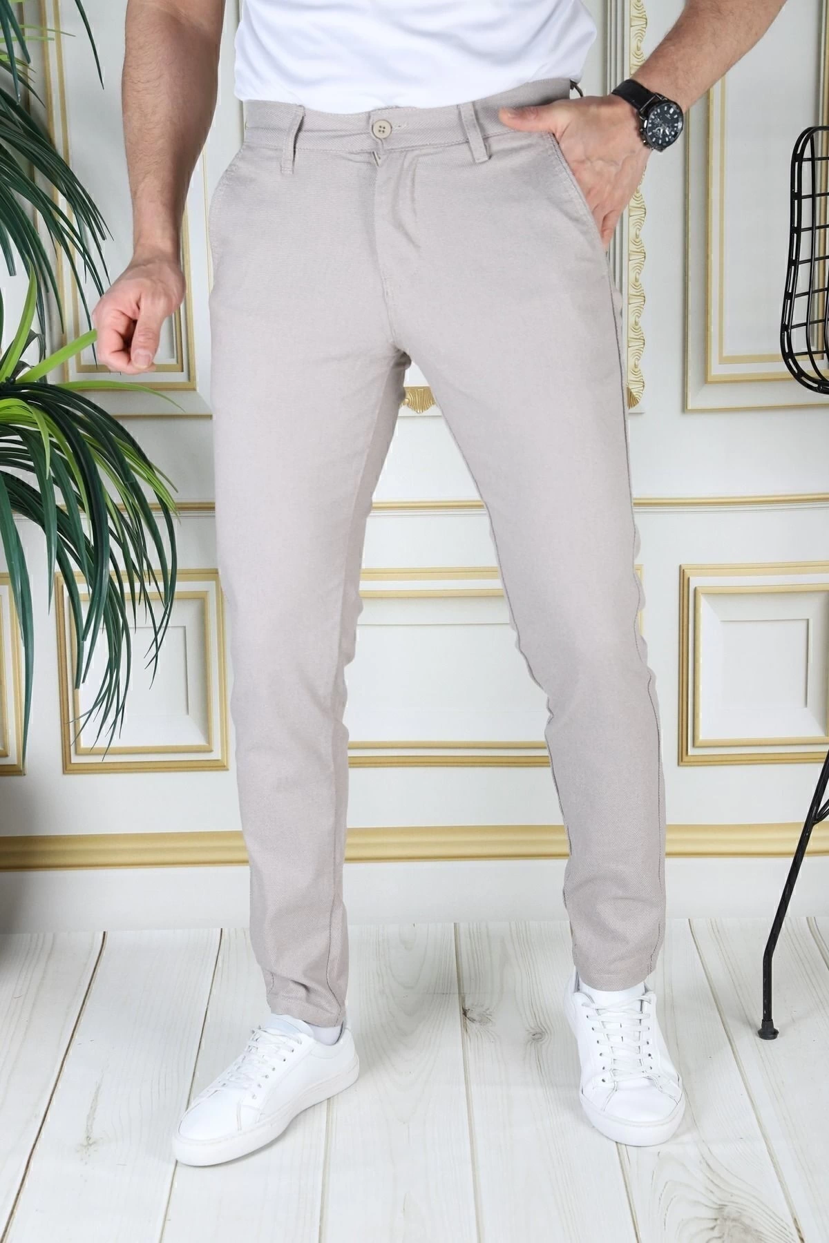 Erkek Taş Renk Slim Fit Likralı Yan Cep Armürlü Ekose Kumaş Darkesim Esnek Şık Chino Kanvas Pantolon