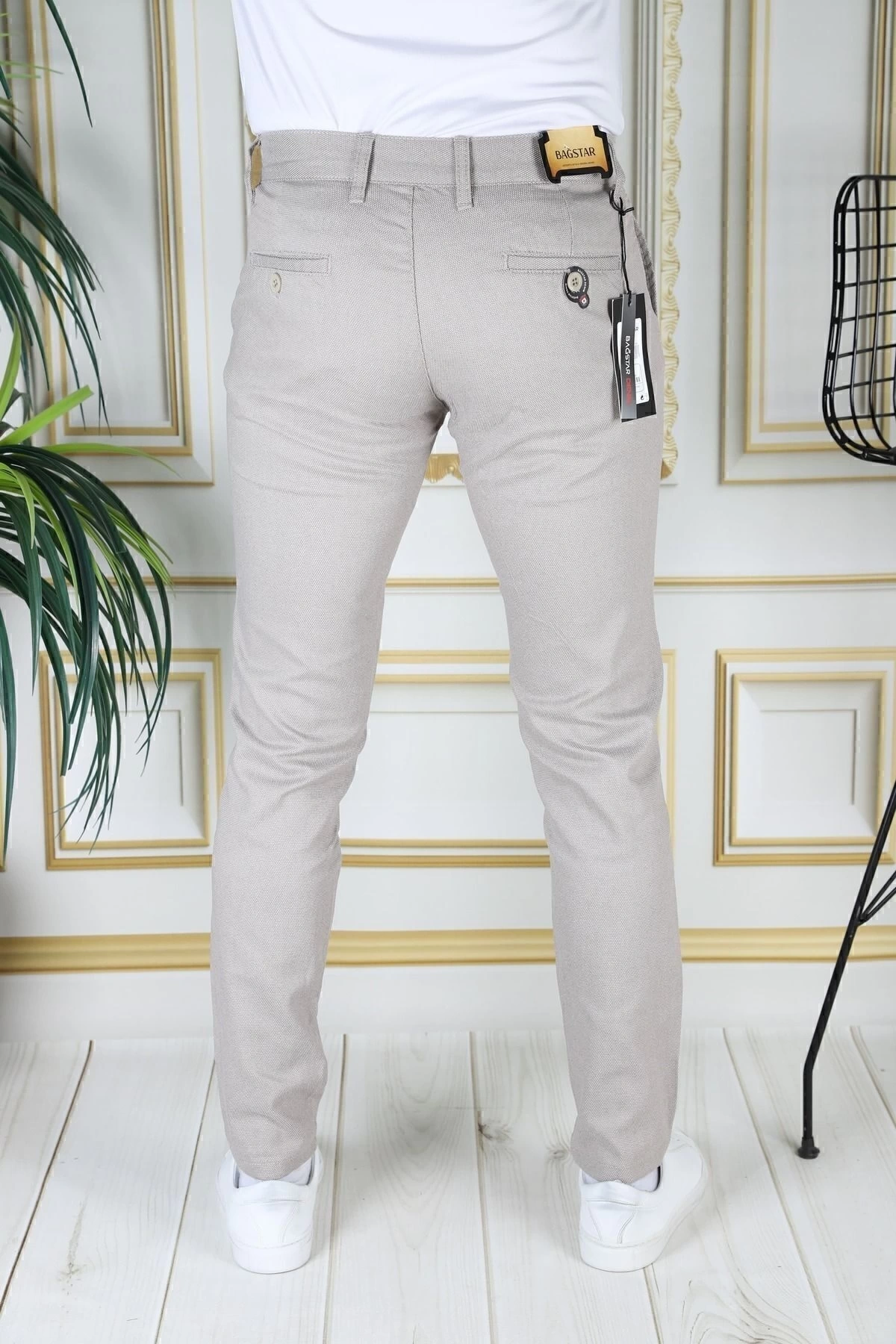 Erkek Taş Renk Slim Fit Likralı Yan Cep Armürlü Ekose Kumaş Darkesim Esnek Şık Chino Kanvas Pantolon