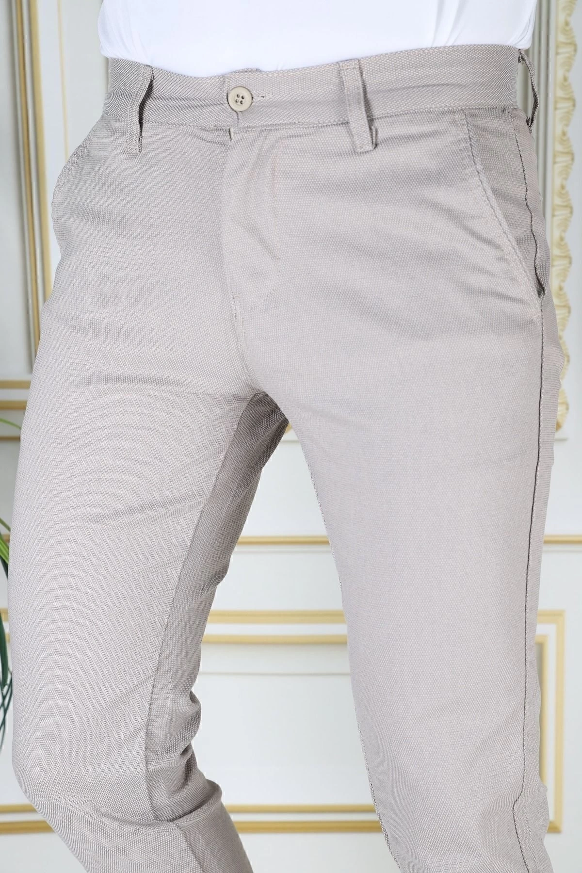 Erkek Taş Renk Slim Fit Likralı Yan Cep Armürlü Ekose Kumaş Darkesim Esnek Şık Chino Kanvas Pantolon