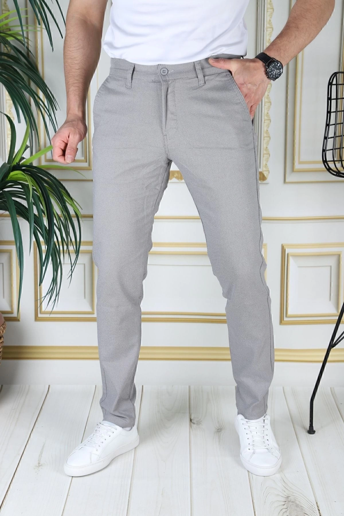 Erkek Gri Slim Fit Likralı Yan Cepli Armürlü Dar Kesim Esnek Şık Chino Kanvas Keten Pantolon
