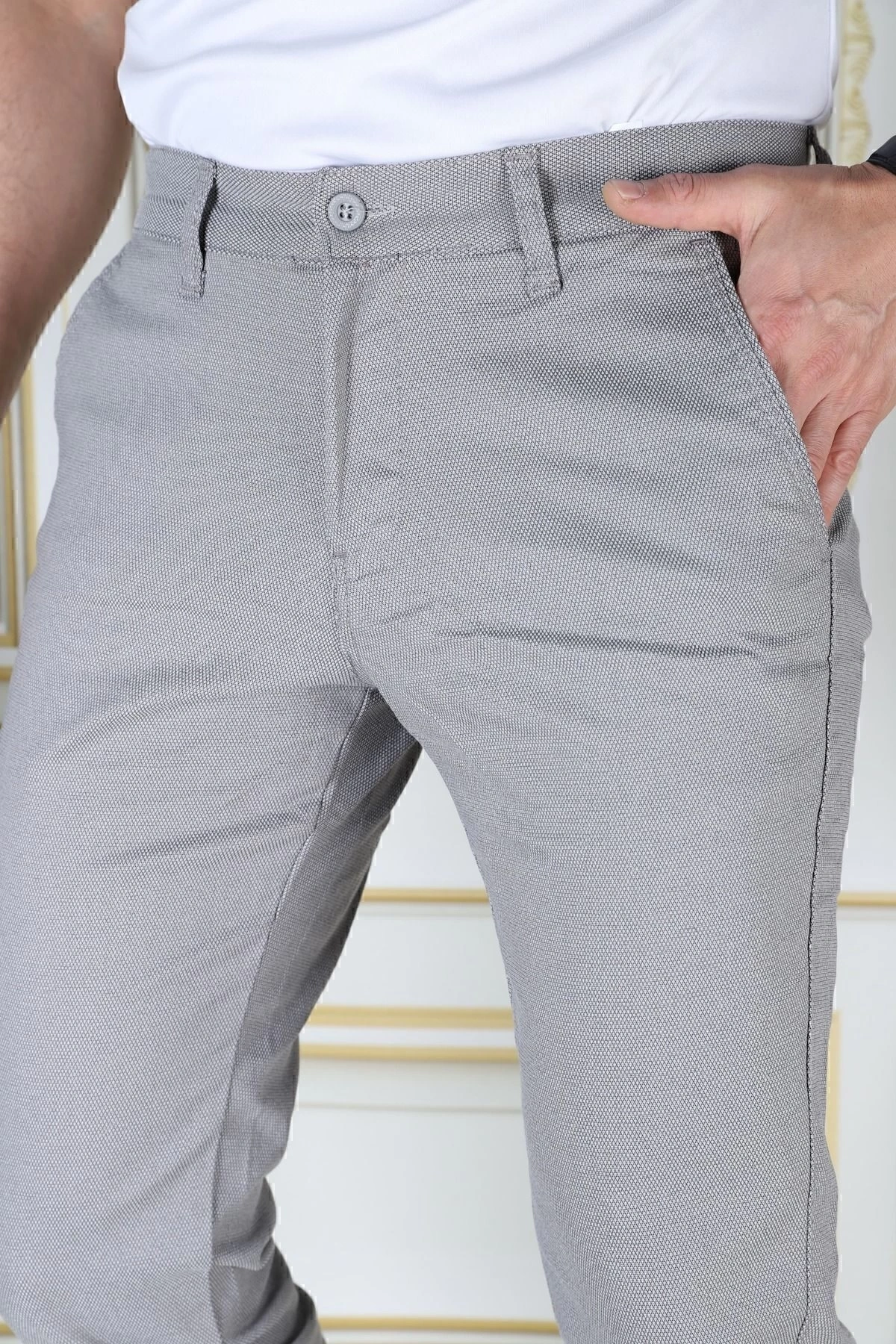Erkek Gri Slim Fit Likralı Yan Cepli Armürlü Dar Kesim Esnek Şık Chino Kanvas Keten Pantolon