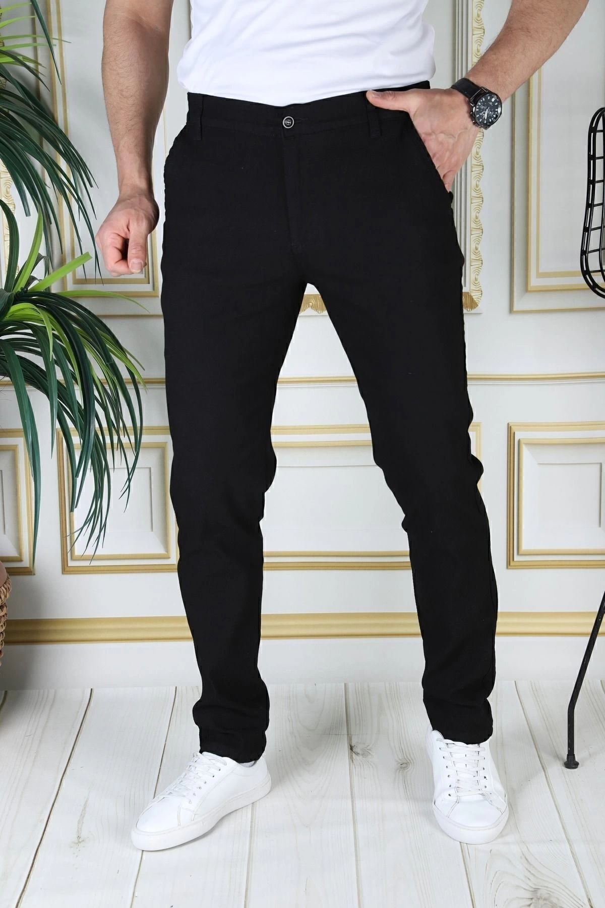 Erkek Siyah Yandan Cepli Armürlü Slim Fit Pantolon Dar Kesim Pantolon Esnek Chino Kanvas Keten