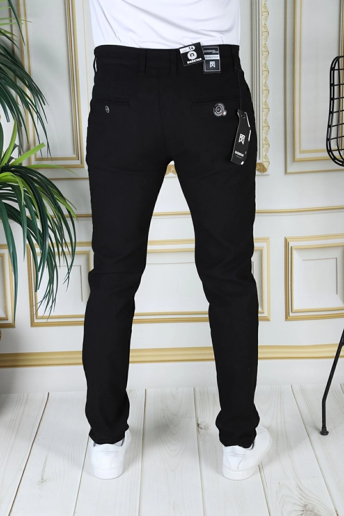 Erkek Siyah Yandan Cepli Armürlü Slim Fit Pantolon Dar Kesim Pantolon Esnek Chino Kanvas Keten