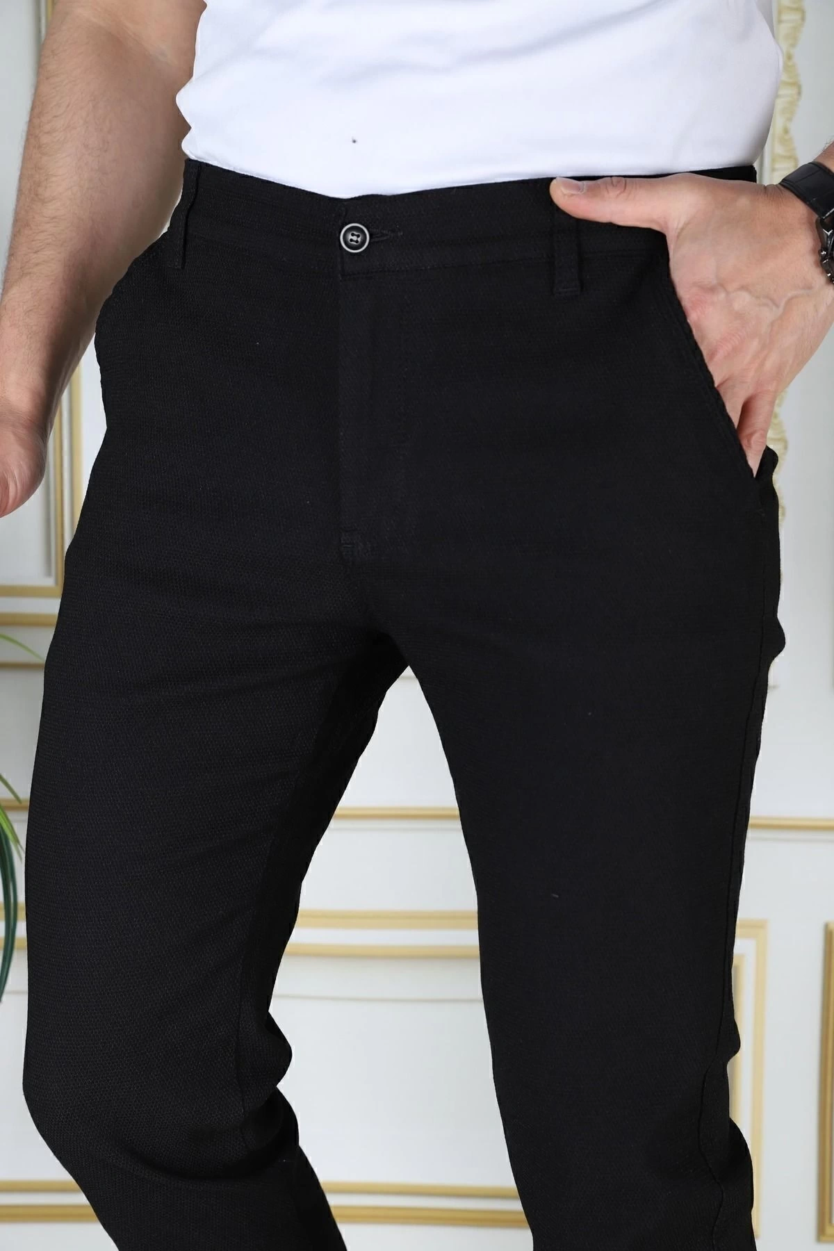 Erkek Siyah Yandan Cepli Armürlü Slim Fit Pantolon Dar Kesim Pantolon Esnek Chino Kanvas Keten