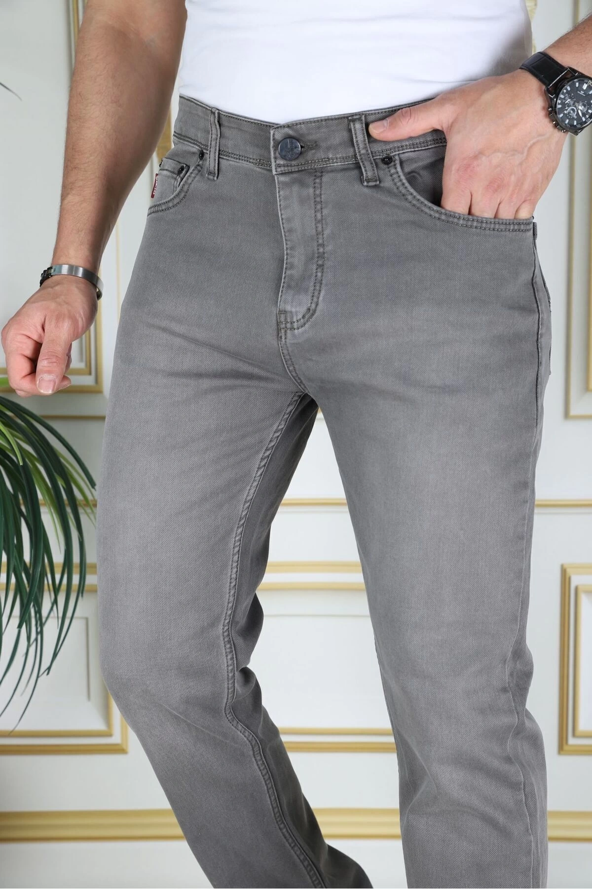 Erkek Haki Üstten Cepli Armürlü Regular Fit Rahat Kesim Esnek Chino Keten/kanvas Koton Pantolon