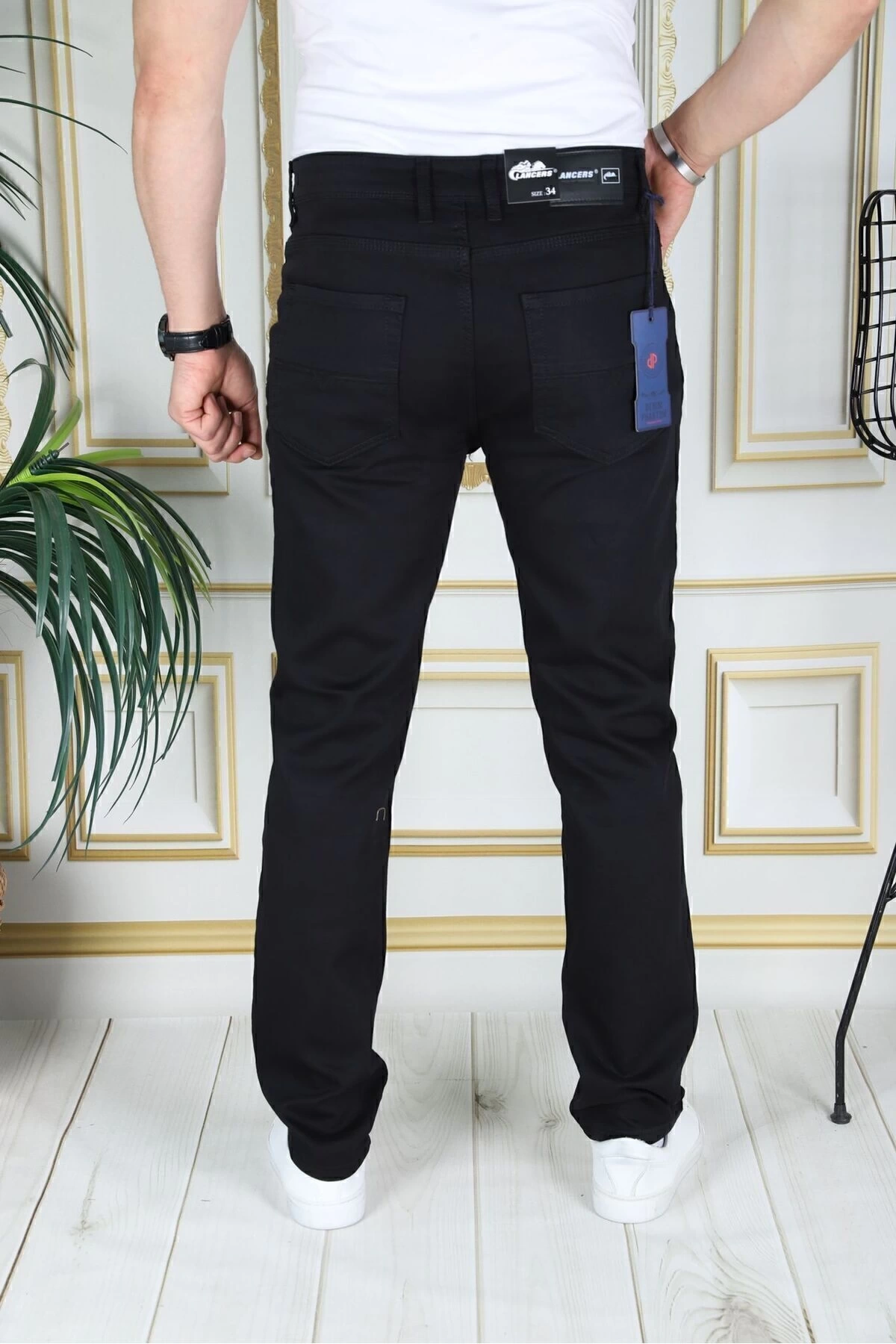 Erkek Siyah Üstten Cepli Armürlü Regular Fit Rahat Kesim Esnek Chino Keten/kanvas Koton Pantolon