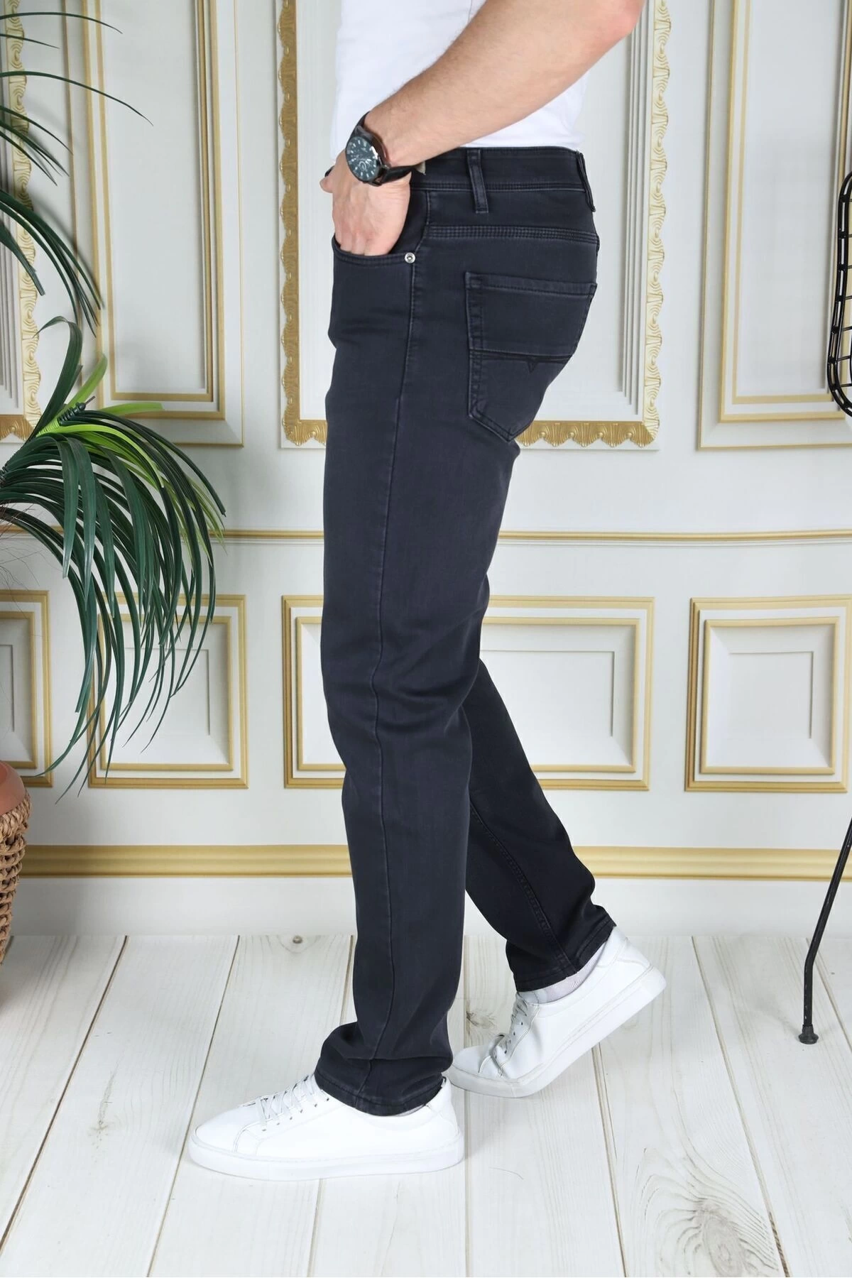 Erkek Antrasit Üstten Cepli Armürlü Regular Fit Rahat Kesim Esnek Chino Keten/kanvas Koton Pantolon