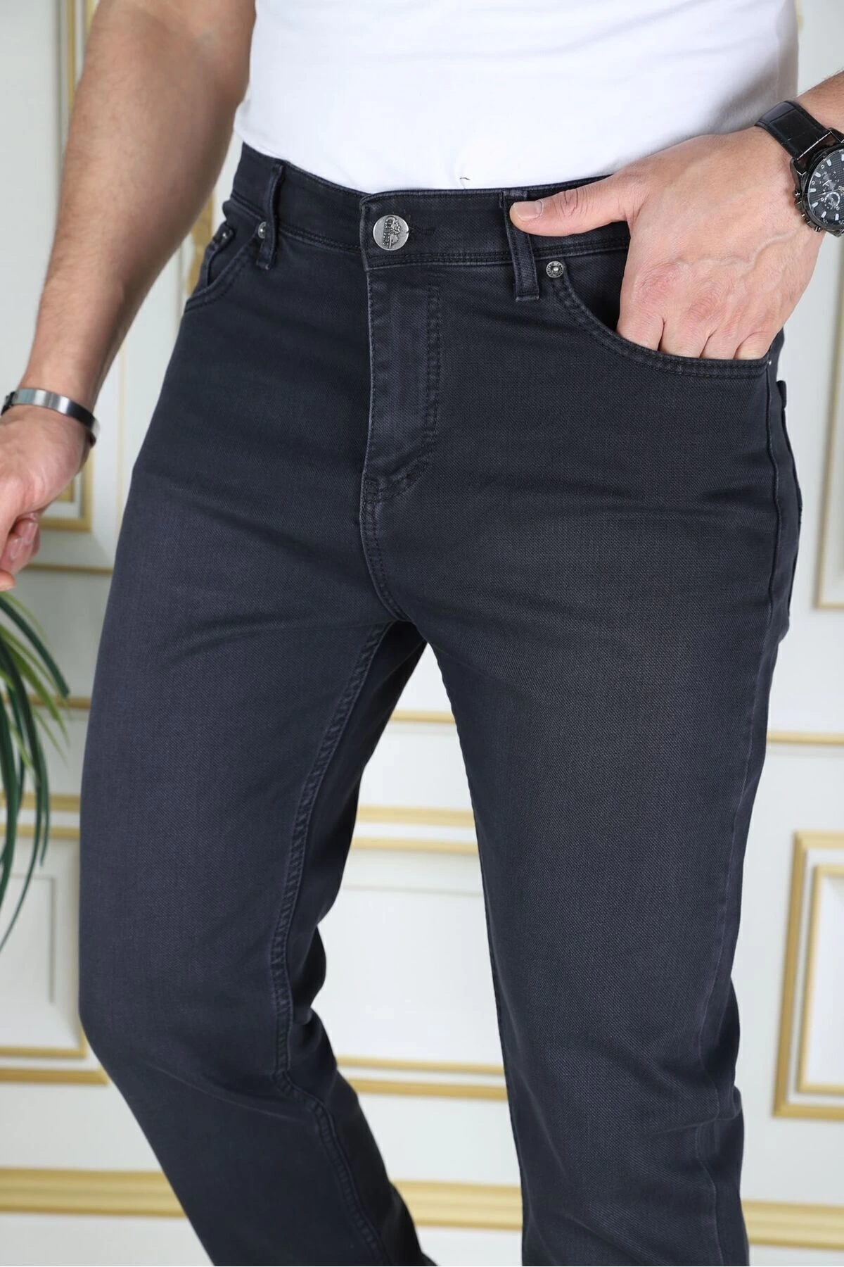 Erkek Antrasit Üstten Cepli Armürlü Regular Fit Rahat Kesim Esnek Chino Keten/kanvas Koton Pantolon