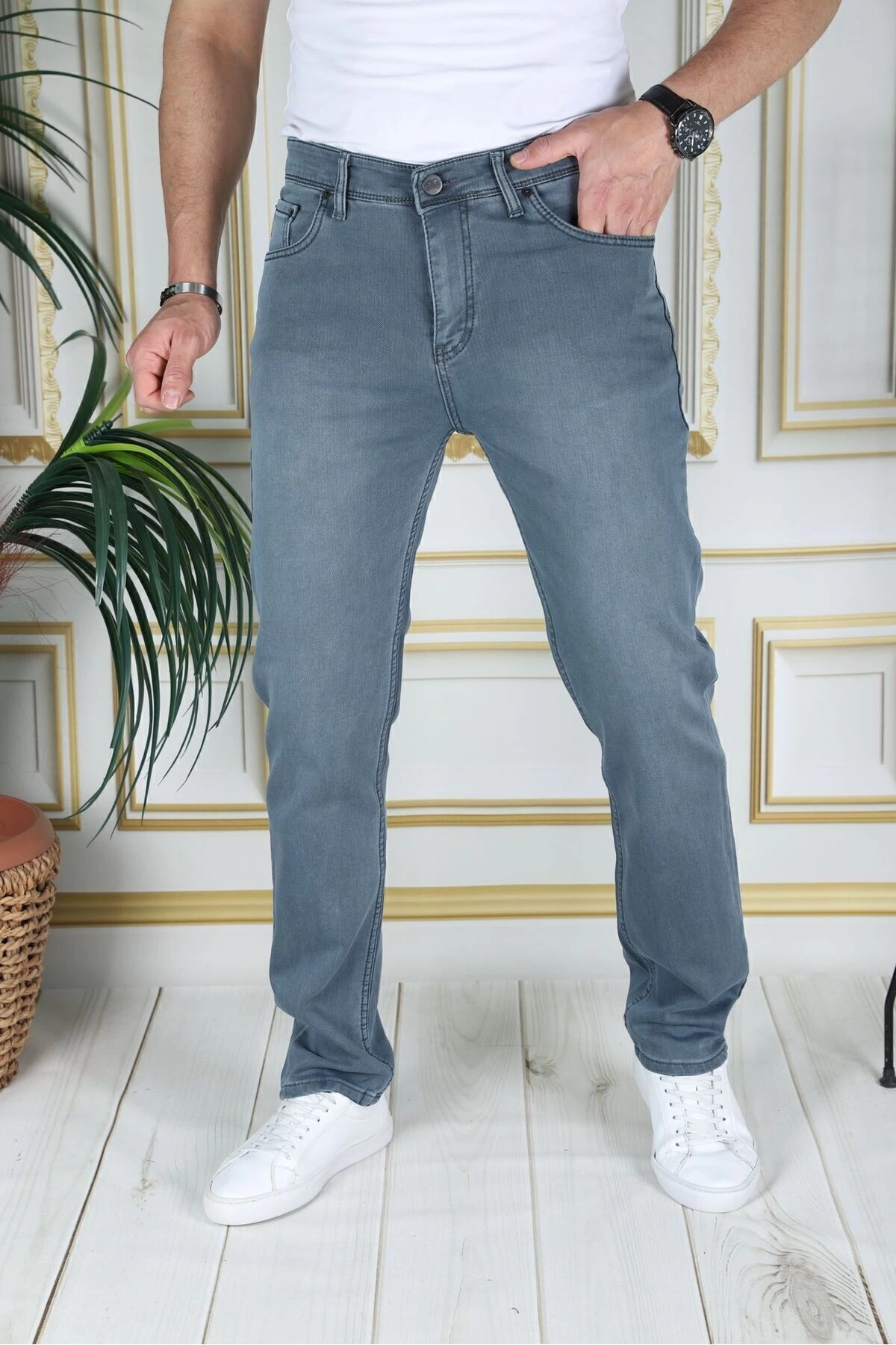 Erkek Tintyeşil Üstten Cepli Armürlü Regular Fit Rahat Kesim Esnek Chino Keten/kanvas Koton Pantolon